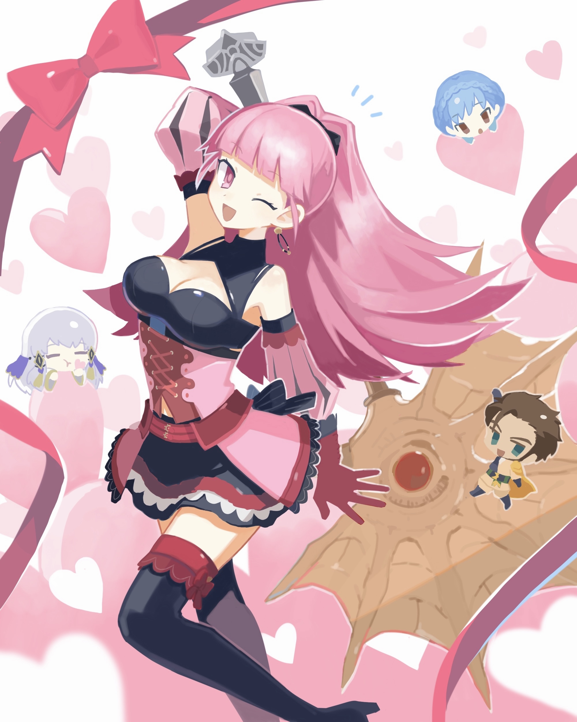 claude von riegan, claude von riegan (timeskip), hilda valentine goneril, hilda valentine goneril (timeskip), lysithea von ordelia, lysithea von ordelia (timeskip), marianne von edmund, marianne von edmund (timeskip), fire emblem, fire emblem: three houses, nintendo, absurdres, commentary request, highres, 1boy, 3girls, axe, black hair, black thighhighs, blue hair, breasts, chibi, cleavage, detached sleeves, gloves, green eyes, grey hair, holding, holding axe, holding weapon, long hair, looking at viewer, medium breasts, multiple girls, one eye closed, open mouth, pink eyes, pink gloves, pink hair, piyotto22, smile, thighhighs, weapon