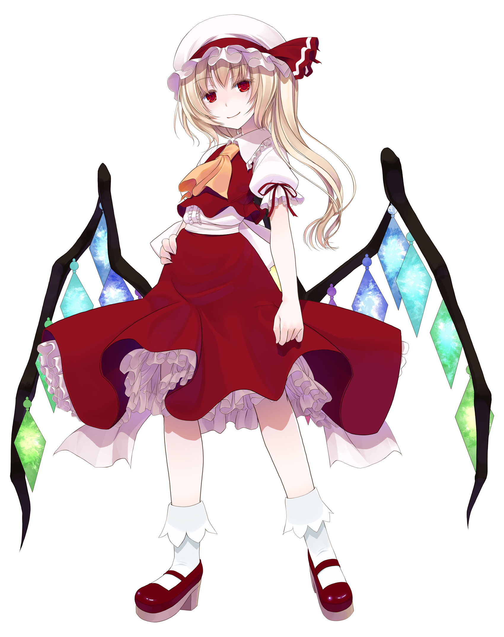 crote, flandre scarlet, touhou, commentary request, highres, large variant set, variant set, 1girl, ascot, back bow, blonde hair, bow, breasts, center frills, closed mouth, collared shirt, cropped vest, crystal wings, fingernails, frilled shirt collar, frilled skirt, frilled sleeves, frills, full body, hand on own hip, hat, hat ribbon, layered skirt, legs apart, loafers, long hair, long skirt, looking at viewer, mob cap, puffy short sleeves, puffy sleeves, red eyes, red ribbon, red shoes, red skirt, red vest, ribbon, shirt, shoes, short sleeves, side ponytail, skirt, sleeve ribbon, small breasts, socks, solo, standing, tachi-e, transparent background, vest, white bow, white hat, white shirt, white socks, wing collar, wings, yellow ascot