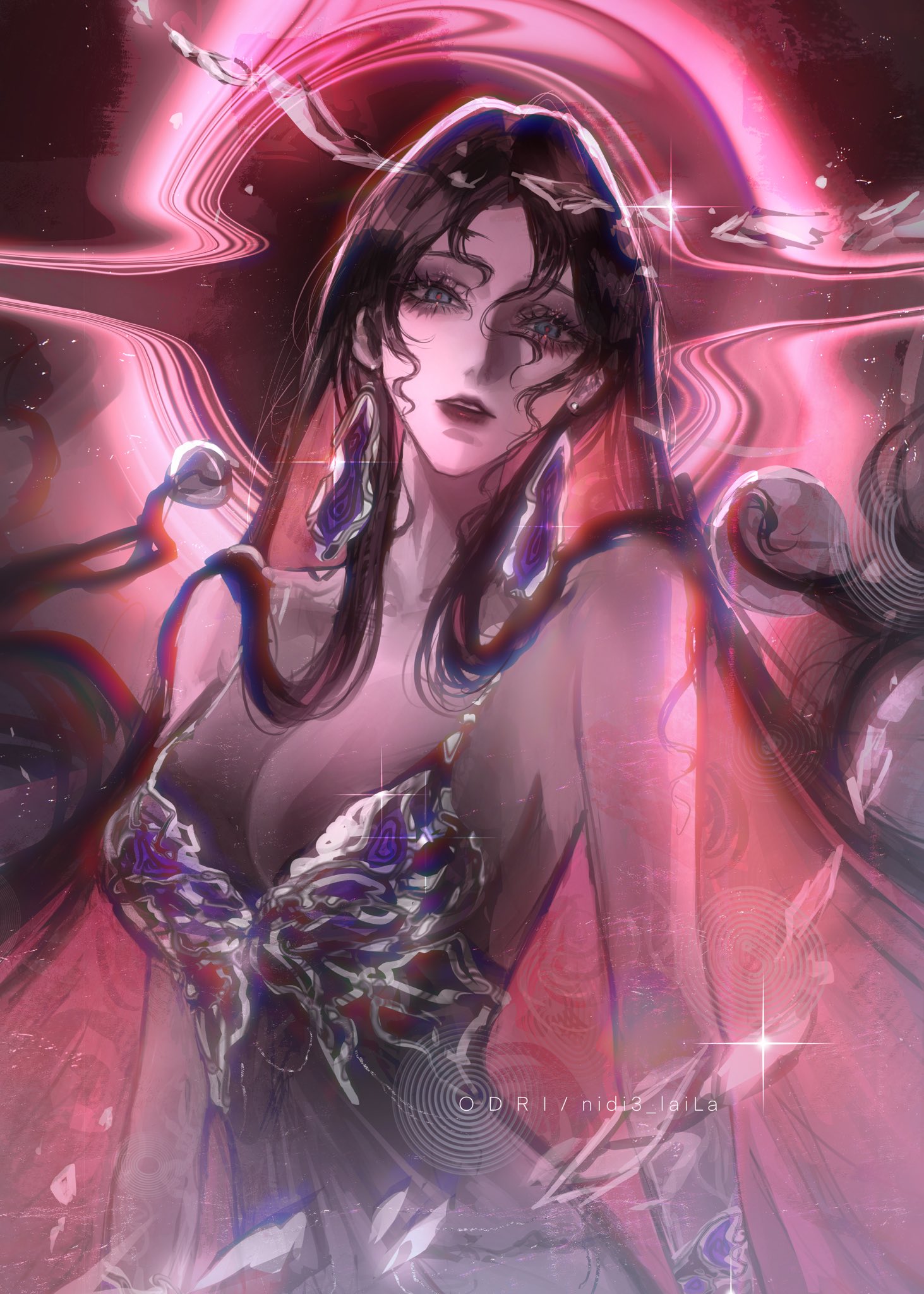 nidi3 laila, shin (path to nowhere), path to nowhere, highres, 1girl, black hair, breasts, cleavage, colored inner hair, dress, earrings, expressionless, jewelry, long hair, looking at viewer, multicolored hair, parted lips, sleeveless, sleeveless dress, solo, upper body, very long hair