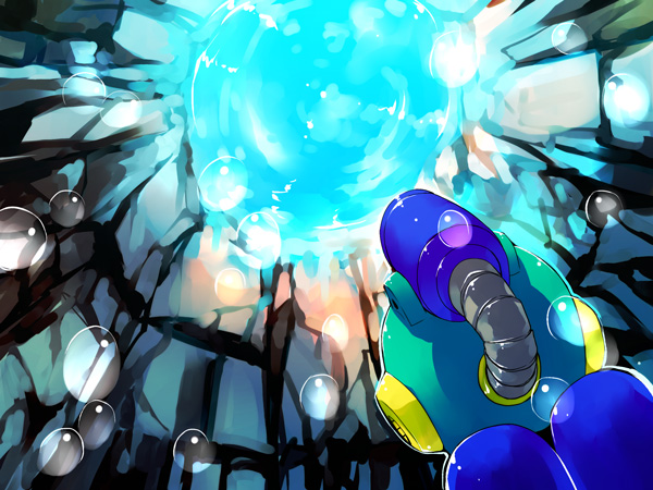 zakki, bubble man, capcom, mega man (classic), mega man (series), mega man 2, bad id, bad pixiv id, 1boy, bubble, looking up, male focus, sky, solo, underwater