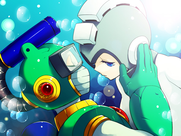 zakki, bubble man, mega man (character), capcom, mega man (classic), mega man (series), mega man 2, bad id, bad pixiv id, 2boys, blue eyes, bubble, closed eyes, damaged, injury, male focus, multiple boys, robot, underwater
