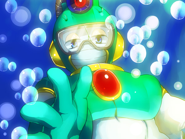 zakki, bubble man, capcom, mega man (classic), mega man (series), mega man 2, light, bad id, bad pixiv id, 1boy, bubble, injury, male focus, outstretched arm, outstretched hand, reaching, solo, underwater
