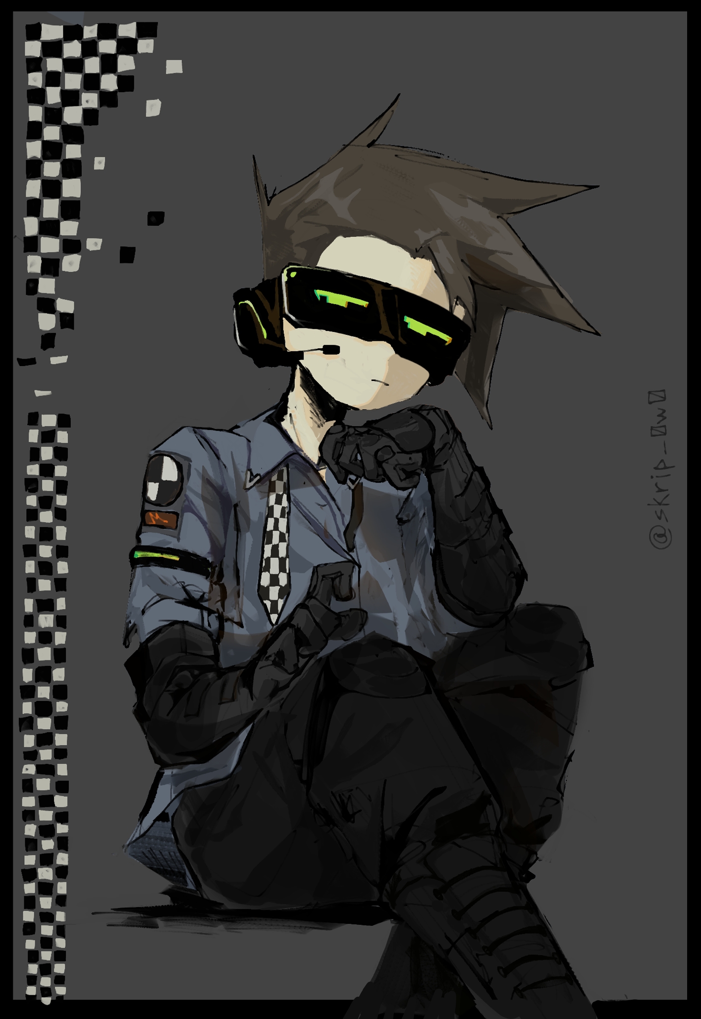 future tom (eddsworld), tom (eddsworld), eddsworld, commentary, english commentary, highres, 1boy, black border, black gloves, black pants, black vest, blue shirt, border, brown hair, collared shirt, crossed legs, expressionless, gloves, grey background, head-mounted display, headset, lcd, male focus, necktie, pants, shirt, short hair, simple background, sitting, skrip 0w0, solo, spiked hair, vest