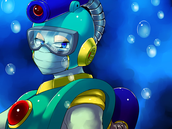 zakki, bubble man, capcom, mega man (classic), mega man (series), mega man 2, bad id, bad pixiv id, 1boy, angry, bubble, goggles, male focus, robot, solo, tears, underwater
