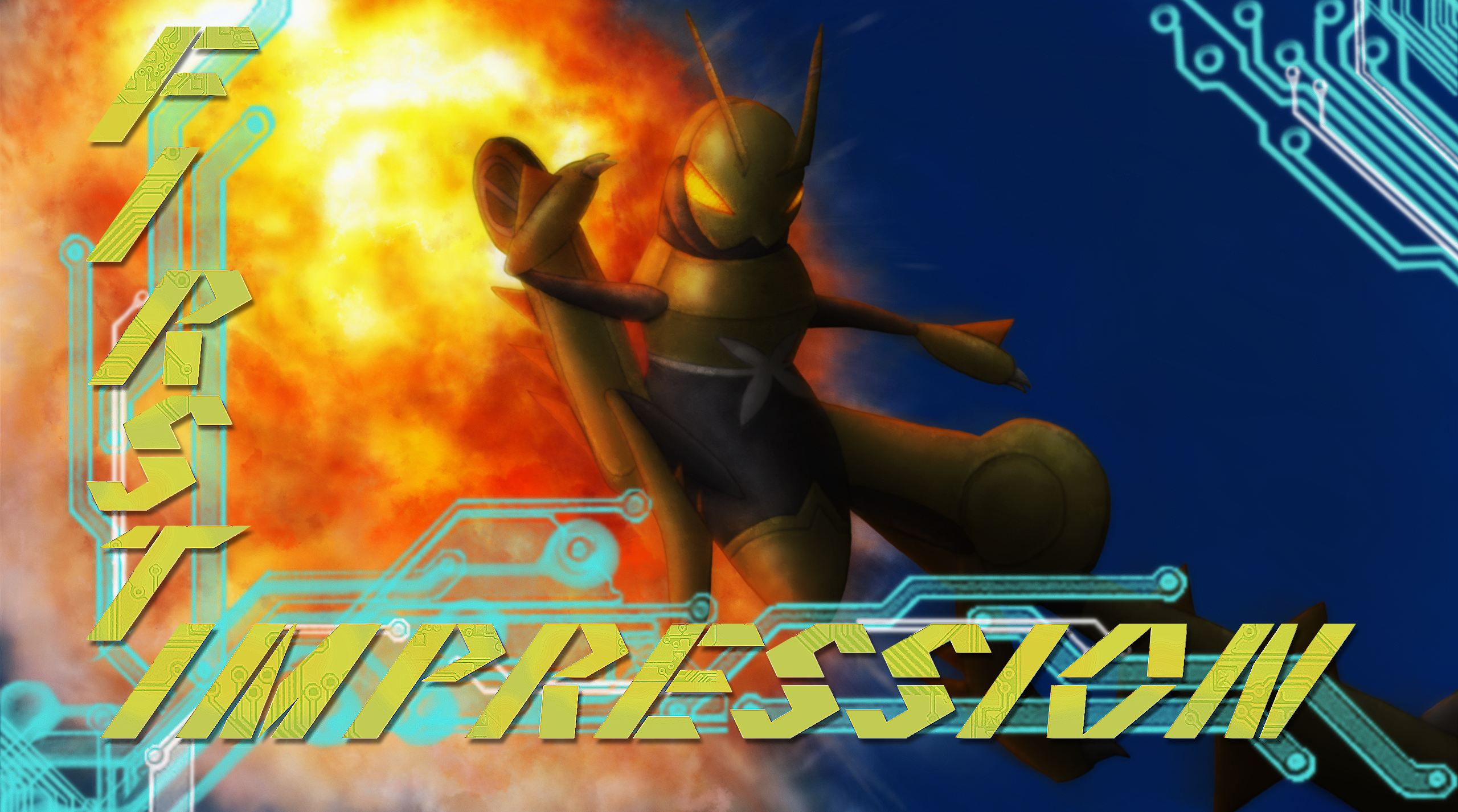 lokix, kamen rider, kamen rider 01 (series), nintendo, pokemon, commentary, english commentary, highres, actual-haise, antennae, english text, explosion, first impression (pokemon), full body, kicking, pokemon (creature), pokemon focus, pokemon move, rider kick, solo, v-shaped eyes