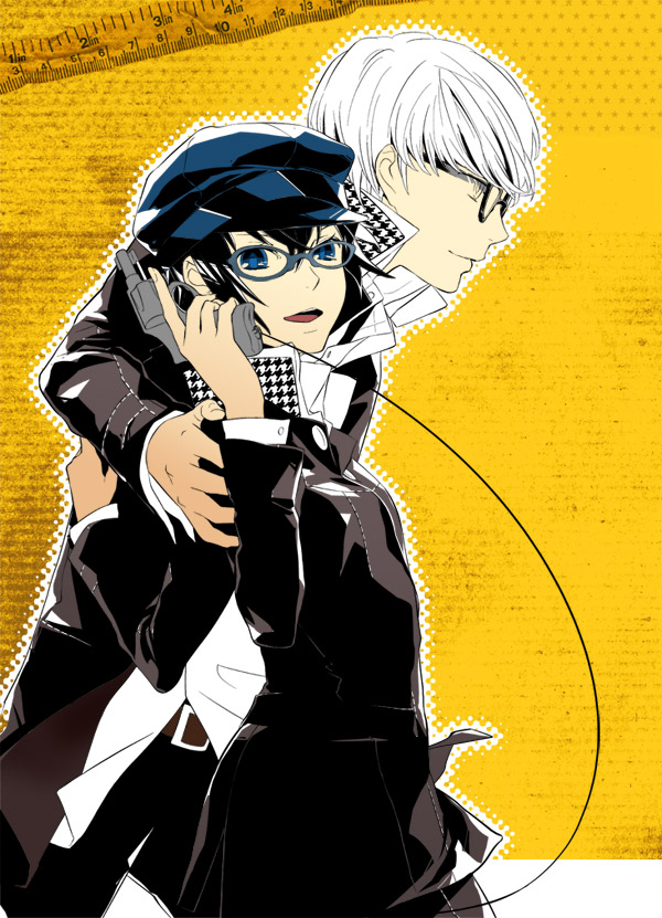 mihara (081mhrs), narukami yu, shirogane naoto, atlus, persona, persona 4, 1boy, 1girl, androgynous, glasses, gun, handgun, reverse trap, revolver, trigger discipline, weapon, white hair