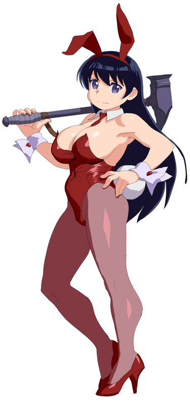 nadeara bukichi, arato nagi, ruri no houseki, commentary request, 1girl, alternate costume, animal ears, black eyes, black hair, breasts, fake animal ears, full body, hammer, hand on own hip, high heels, large breasts, leotard, long hair, looking at viewer, necktie, pantyhose, playboy bunny, rabbit ears, red leotard, red necktie, smile, standing, wrist cuffs