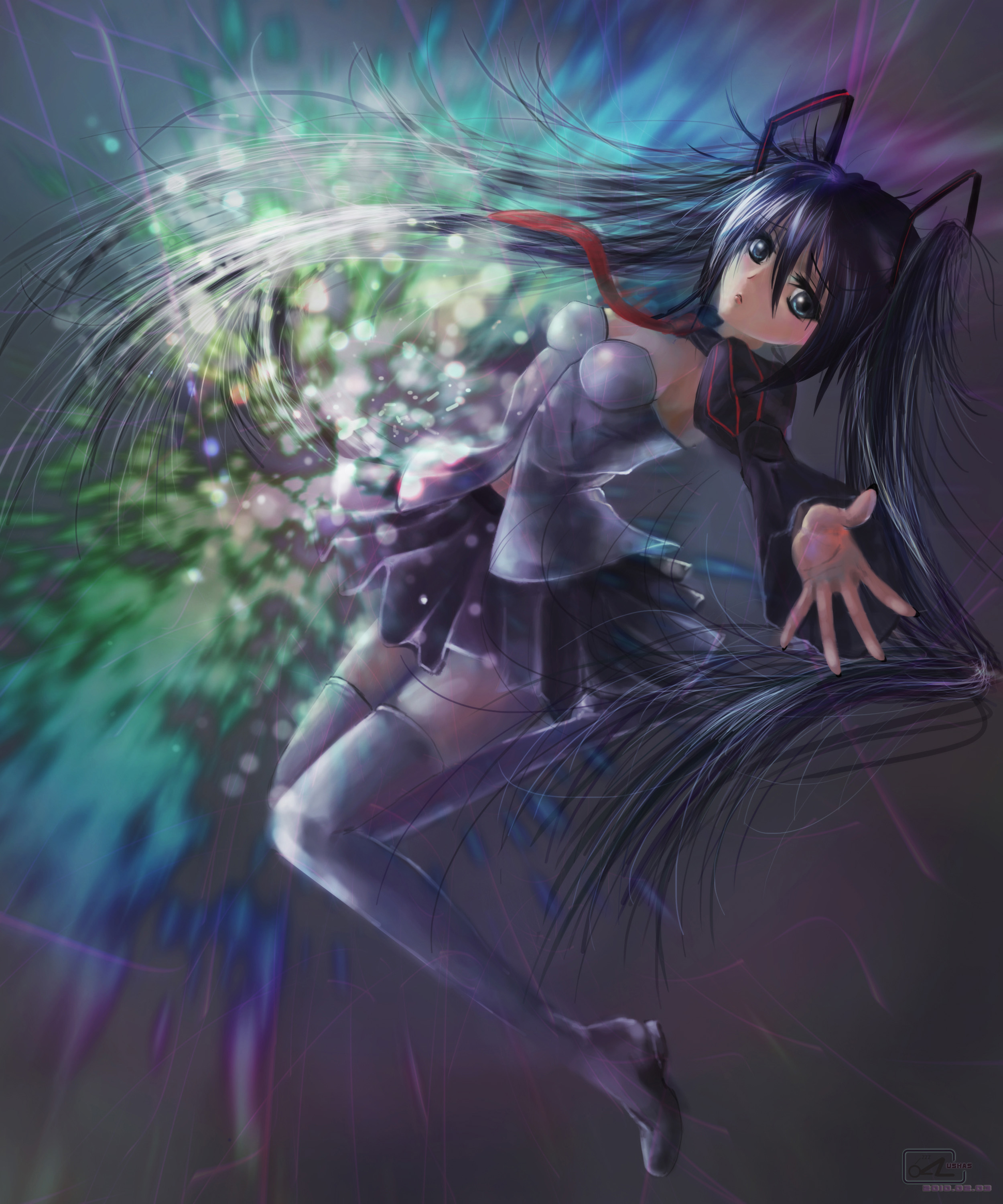 ushas, zatsune miku, vocaloid, absurdres, highres, 1girl, boots, female focus, long hair, solo, thigh boots, thighhighs, twintails, very long hair, zettai ryouiki