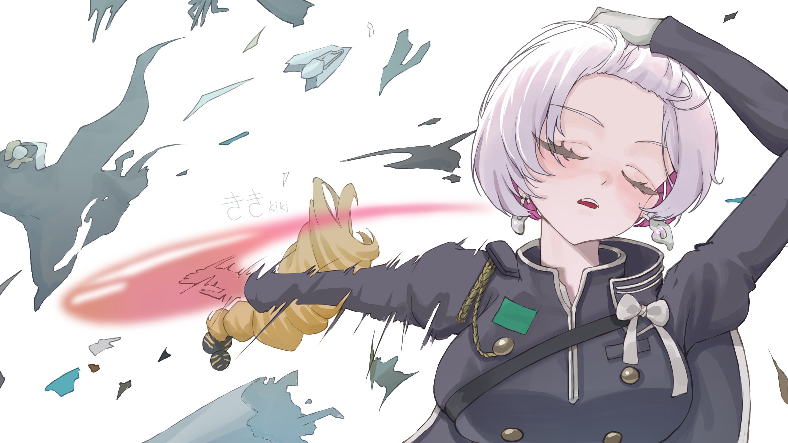 kiki (akasaka0818), liliweiss (nikke), rapunzel (nikke), goddess of victory: nikke, jujutsu kaisen, commentary, english commentary, highres, 2girls, arm up, artist name, bangs pinned back, blonde hair, bow, breasts, cape, closed eyes, colored inner hair, debris, destruction, earrings, hand up, jewelry, juliet sleeves, long sleeves, meme, military uniform, motion blur, multicolored hair, multiple girls, naoya hitting choso without looking (meme), nun headdress, open mouth, outstretched arm, parody, ponytail, puffy sleeves, purple hair, rope, scene reference, short hair, simple background, strap, teeth, upper body, upper teeth only, white background, white bow, white hair, wide ponytail