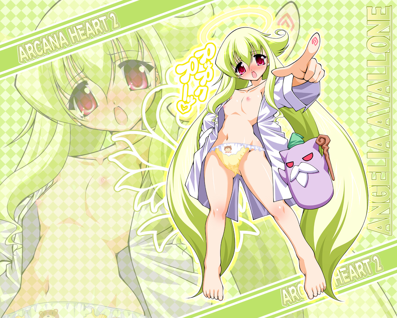 angelia avallone, malin (arcana heart), aq interactive, arcana heart, arcana heart 2, atlus, examu, barefoot, blonde hair, loli, long hair, nipples, pajamas, panties, red eyes, underwear, yellow panties