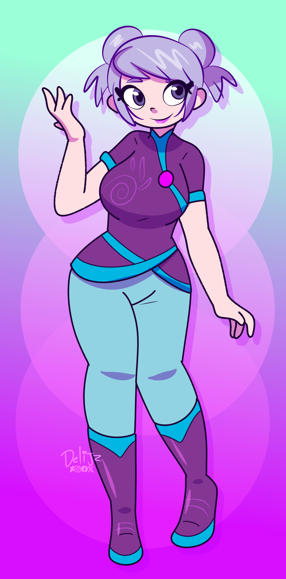 highres, 1girl, artist name, breasts, closed mouth, delijz, deviantart logo, facebook logo, full body, gradient background, instagram logo, looking at viewer, nose, purple eyes, short hair, smile, solo, twitter x logo
