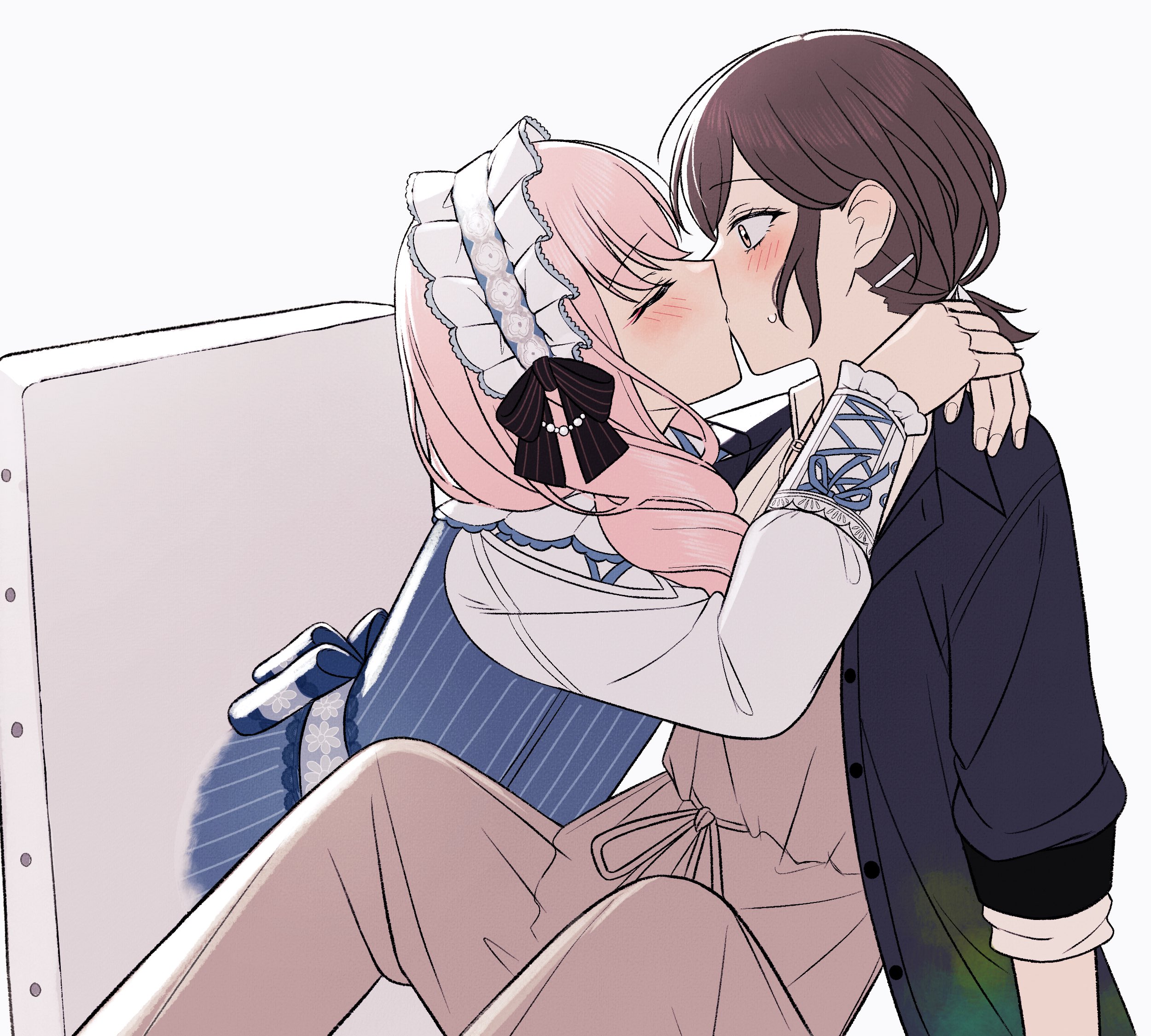 mutu (25love), akiyama mizuki, shinonome ena, project sekai, commentary, highres, 1girl, 1other, arms around neck, blush, brown eyes, brown hair, closed eyes, collared shirt, colorful festival (project sekai), curly hair, drawstring, hair down, headdress, kiss, long hair, looking at another, nervous sweating, official alternate costume, official alternate hairstyle, other with female, ponytail, profile, shirt, sweat, tied drawstring, very long hair, white background