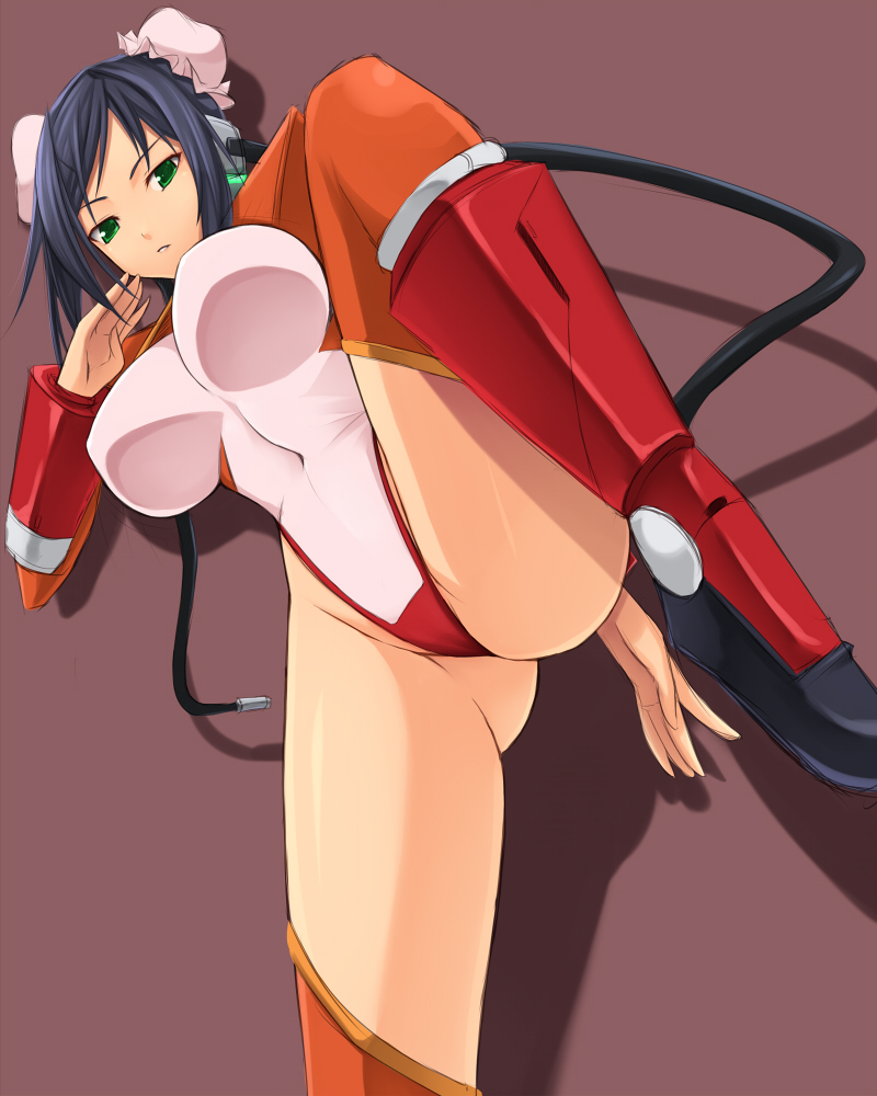 akitsuki karasu, mei-fang, aq interactive, arcana heart, atlus, examu, 1girl, ass, black hair, blue hair, breasts, bun cover, cable, covered erect nipples, double bun, female focus, fighting stance, green eyes, hair bun, highleg, highleg leotard, kneehighs, large breasts, leg up, legs, leotard, long legs, orange shrug, orange thighhighs, shadow, shoes, short hair, shrug (clothing), socks, solo, spread legs, thighhighs, thighs