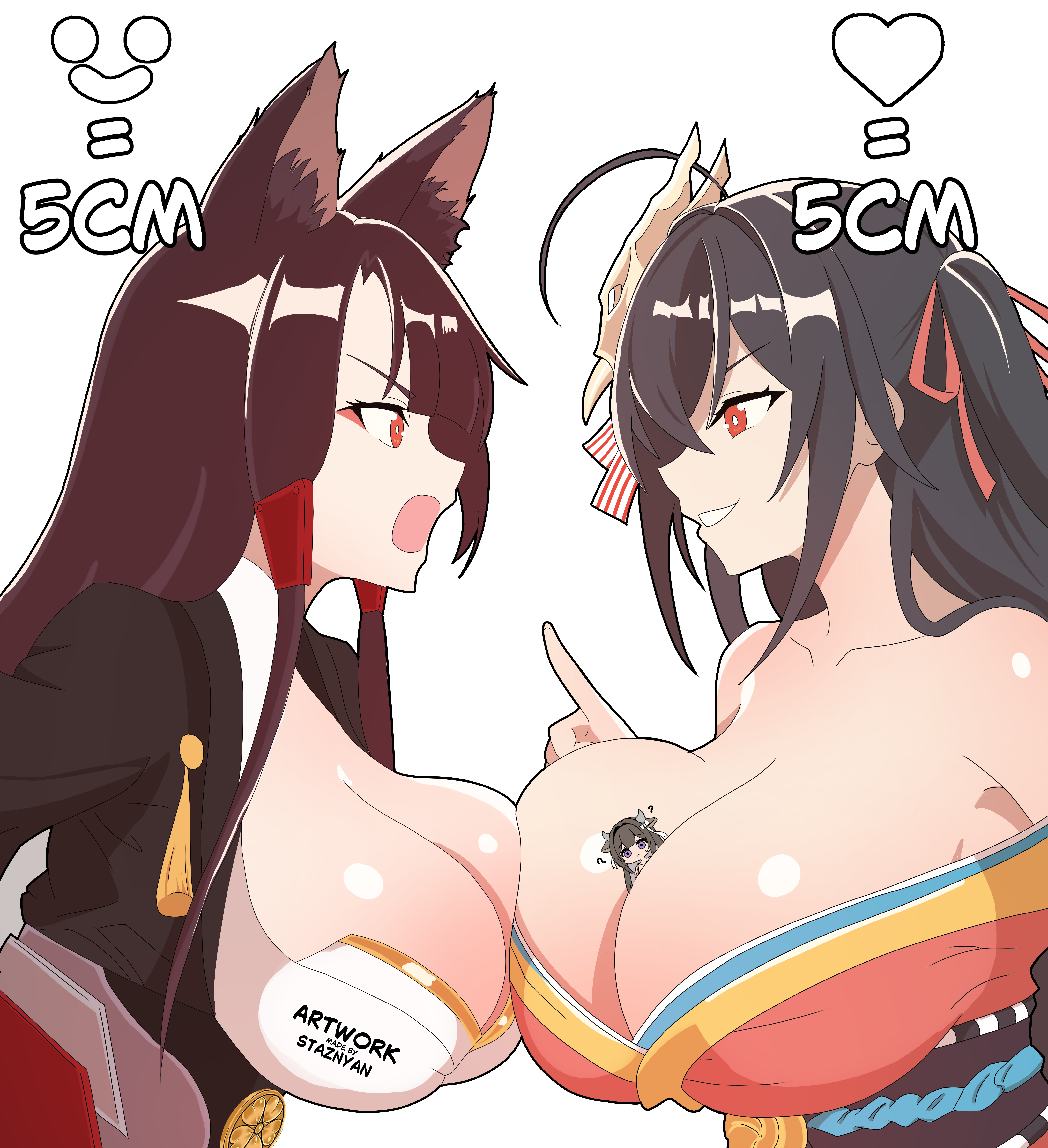staznyan, akagi (azur lane), kashino (azur lane), taihou (azur lane), azur lane, absurdres, commentary, english commentary, highres, 3girls, ?, ahoge, alternate breast size (larger), animal ears, between breasts, black hair, breast contest, breast expansion, breast press, breasts, brown hair, crossed bangs, eye contact, eyeliner, eyeshadow, fox ears, fox girl, giant, giantess, huge breasts, japanese clothes, long hair, looking at another, makeup, mask, mask on head, mini person, minigirl, multiple girls, red eyes, symmetrical docking