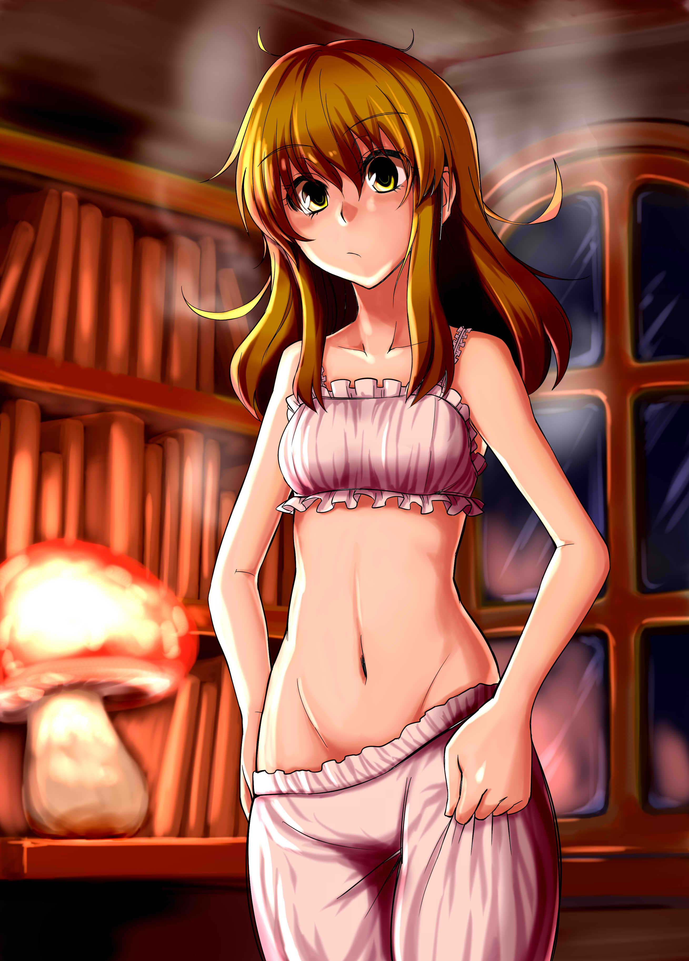 oninamako, kirisame marisa, touhou, absurdres, commentary request, highres, 1girl, after bathing, blonde hair, bloomers, bra, closed mouth, collarbone, groin, indoors, long hair, navel, solo, steam, stomach, underwear, white bloomers, white bra, yellow eyes