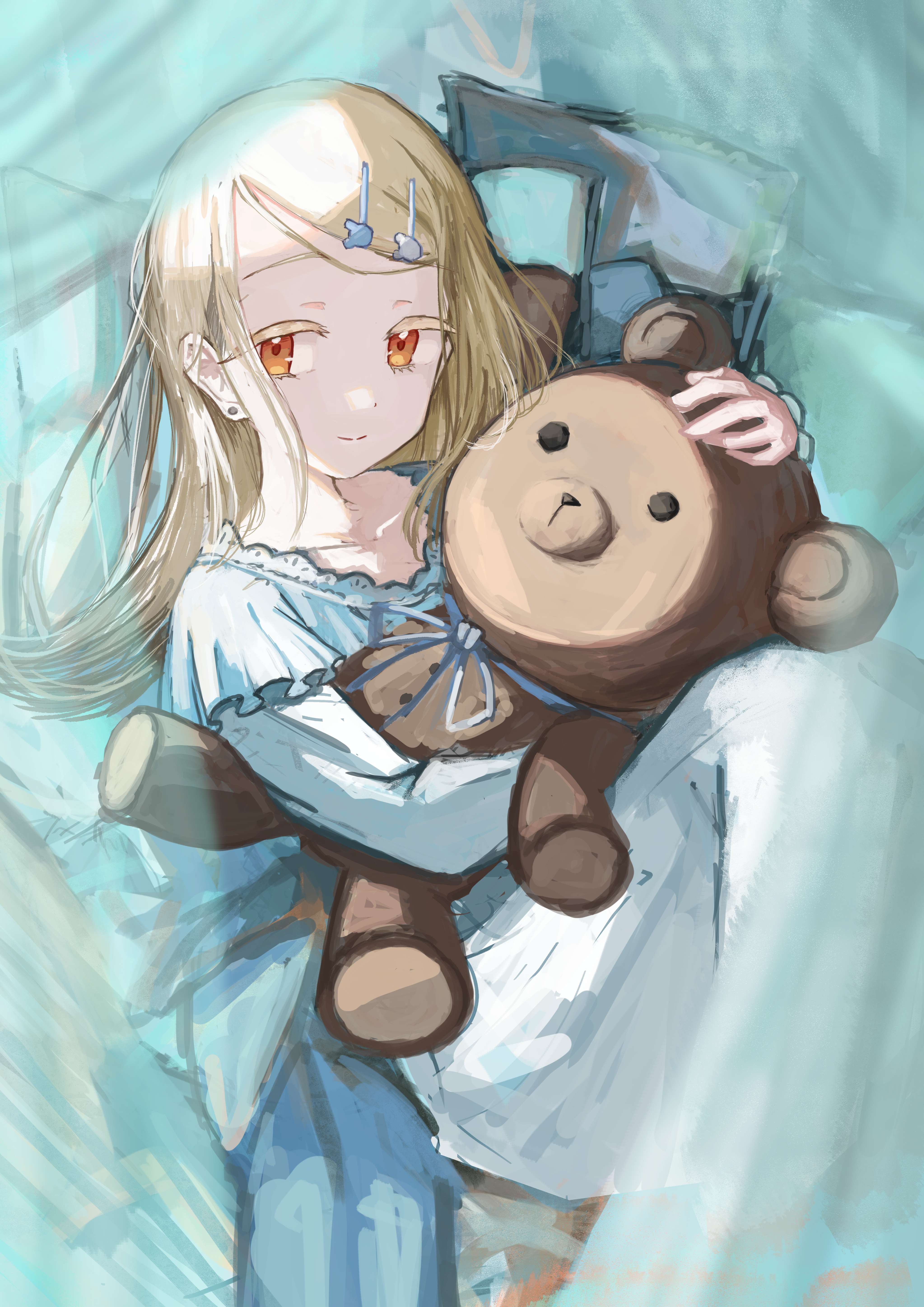k6tetsu, shinosawa hiro, gakuen idolmaster, idolmaster, absurdres, commentary request, highres, 1girl, bed, blue nightgown, closed mouth, collarbone, colored eyelashes, earrings, hair ornament, hairclip, holding, holding stuffed toy, jewelry, knees up, looking at viewer, lying, nightgown, on bed, on side, orange eyes, parallel hairclips, parted bangs, pillow, smile, solo, split mouth, stud earrings, stuffed animal, stuffed toy, teddy bear