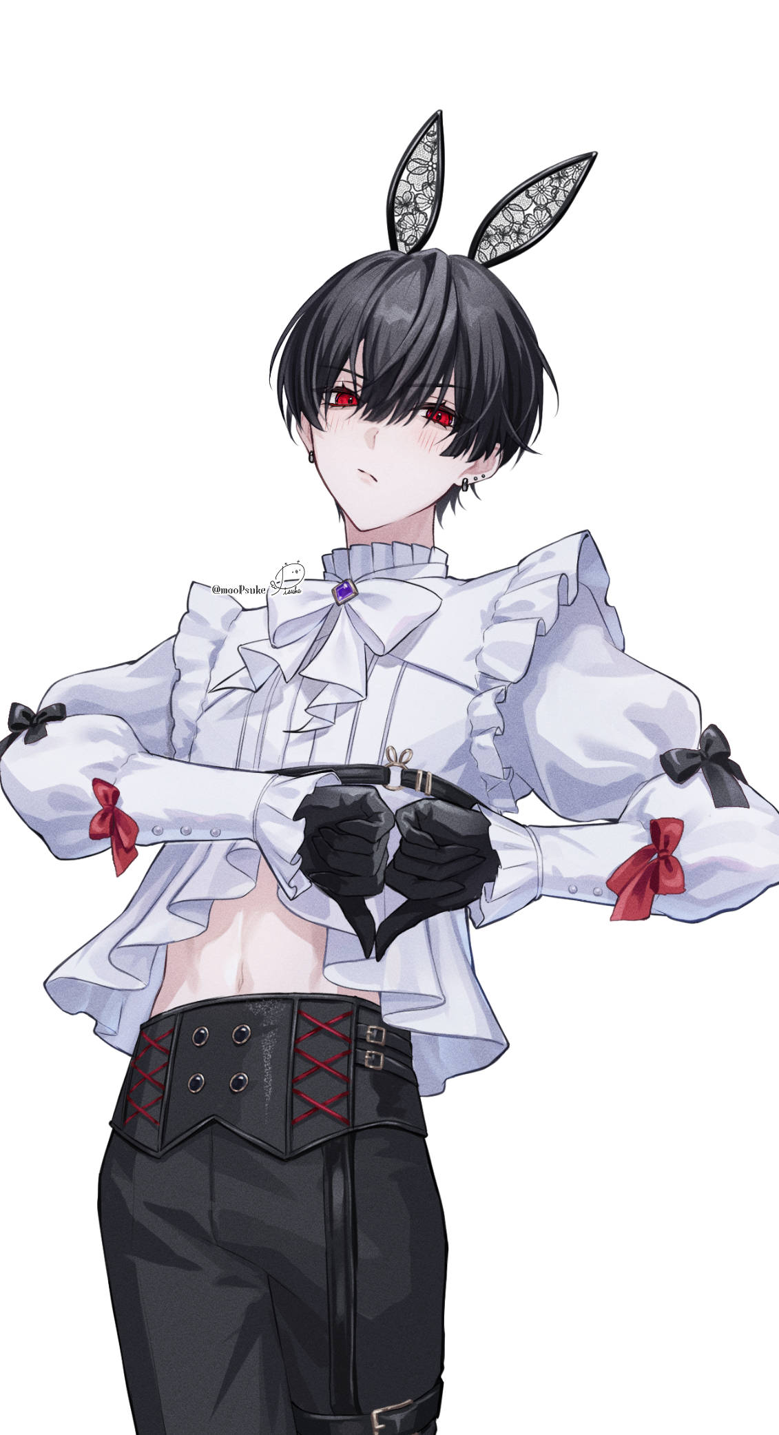 maoupiisuke, yumeoi kakeru, nijisanji, highres, 1boy, :/, alternate costume, animal ear hairband, animal ears, belt, black bow, black gloves, black hair, black pants, blush, bow, bowtie, brooch, buttons, center-flap bangs, chest harness, cowboy shot, cuff links, double-breasted, ear piercing, earrings, fake animal ears, frilled shirt, frilled shirt collar, frilled sleeves, frills, gem, gloves, hairband, harness, heart, heart hands, high-low shirt, high-waist pants, jewelry, juliet sleeves, lace ears, long sleeves, looking at viewer, male focus, midriff, pants, piercing, puffy sleeves, purple gem, rabbit ears, rabbit o-ring, red bow, red eyes, shirt, short hair, signature, simple background, sleeve bow, solo, standing, thigh belt, thigh strap, thumbs down, thumbs down heart hands, twitter username, v-shaped eyebrows, virtual youtuber, white background, white bow, white bowtie, white shirt
