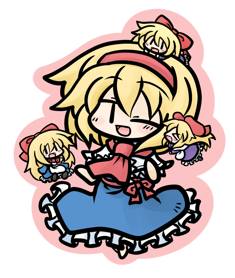 yanagi (nurikoboshi), alice margatroid, shanghai doll, touhou, > <, > <, 1girl, :d, blonde hair, chibi, closed eyes, doll, female focus, hairband, object on head, one eye closed, open mouth, short hair, smile, solo, wink, xd, | |