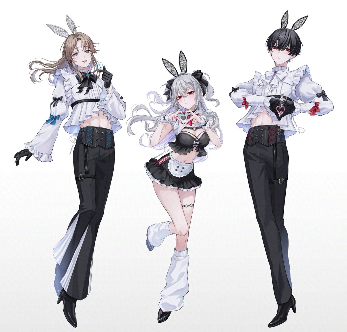 maoupiisuke, kanae (nijisanji), yumeoi kakeru, nijisanji, blue gem, heart ring, 1girl, 2boys, :<, :/, :p, ahoge, alternate costume, animal-themed ring, animal ear hairband, animal ears, apron, arm at side, bell-bottoms, belt, black boots, black bow, black bowtie, black choker, black gloves, black hair, black pants, black ribbon, black shirt, black skirt, blue bow, blush, boots, bow, bowtie, breasts, brooch, brown hair, buttons, center-flap bangs, chest harness, choker, cleavage, clothing cutout, crop top, cross-laced slit, cuff links, curtained hair, detached collar, double-breasted, ear piercing, earrings, fake animal ears, finger heart, fingernails, flapper shirt, four-finger heart hands, frilled shirt, frilled shirt collar, frilled skirt, frilled sleeves, frilled wrist cuffs, frills, full body, furrowed brow, gem, genderswap, genderswap (mtf), gloves, grey eyes, grey hair, hair between eyes, hair ribbon, hairband, harness, heart, heart hands, high-low shirt, high-waist pants, high heel boots, high heels, hip vent, jewelry, juliet sleeves, lace ears, leaning forward, leg warmers, lineup, long hair, long sleeves, looking at viewer, medium breasts, microskirt, midriff, mole, mole under eye, multiple boys, o-ring, o-ring harness, pants, parted bangs, piercing, pleated pants, pointy ears, puffy sleeves, purple gem, rabbit ears, rabbit o-ring, red bow, red bowtie, red eyes, red nails, ribbon, ring, sanya (nijisanji), sharp fingernails, shirt, short hair, short sleeves, shrug (clothing), signature, simple background, skirt, sleeve bow, standing, standing on one leg, strapless, strapless shirt, thigh belt, thigh strap, thighlet, thumbs down, thumbs down heart hands, tongue, tongue out, twitter username, two side up, v-shaped eyebrows, virtual youtuber, waist apron, wavy hair, white apron, white background, white bow, white bowtie, white leg warmers, white shirt, white sleeves, white wrist cuffs, wrist cuffs