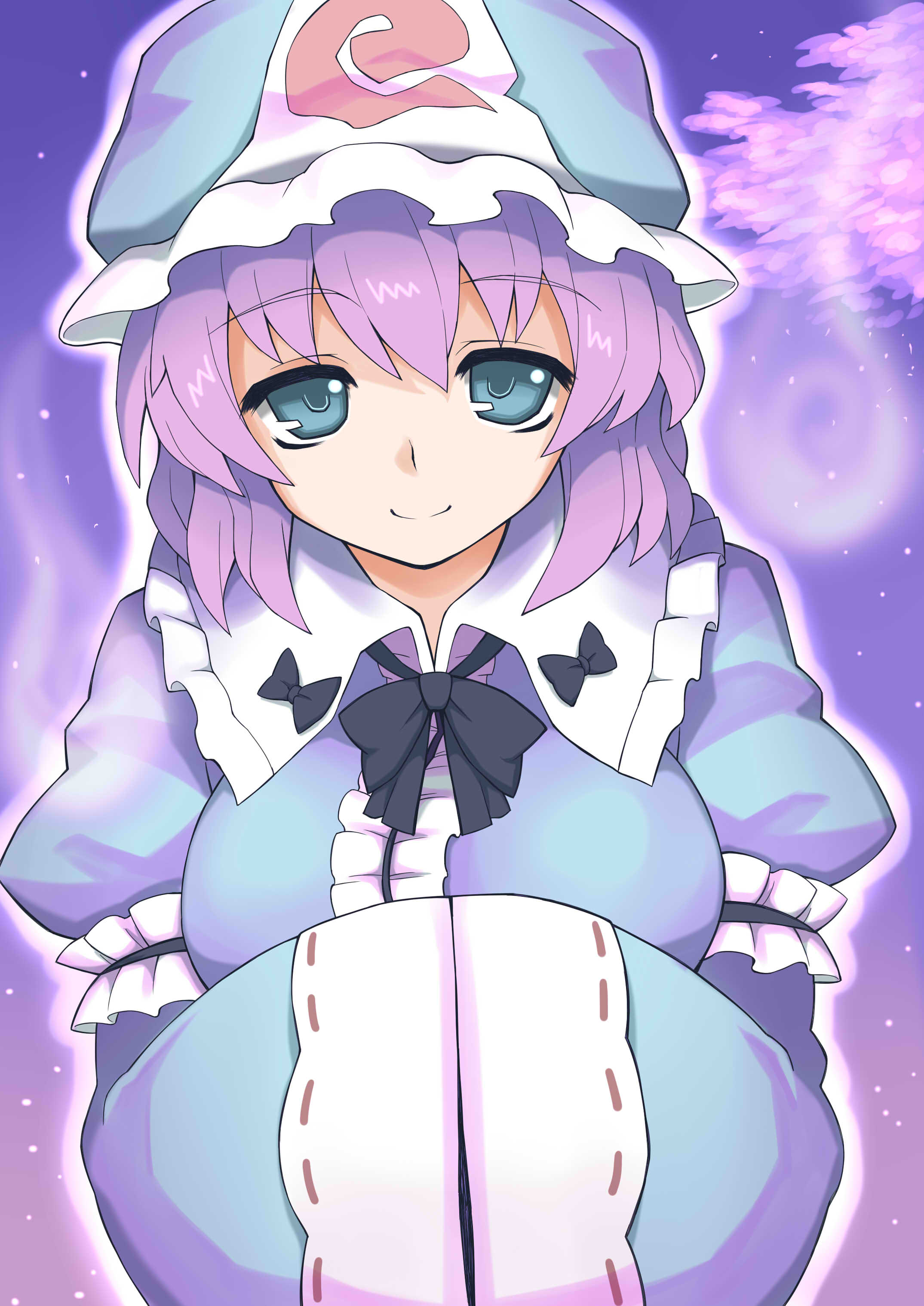 oninamako, saigyouji yuyuko, touhou, absurdres, commentary, highres, 1girl, black bow, black bowtie, blue eyes, blue hat, blue kimono, bow, bowtie, breasts, cherry blossoms, closed mouth, frilled kimono, frills, hands in opposite sleeves, hat, hitodama, japanese clothes, kimono, large breasts, long sleeves, looking at viewer, mob cap, pink hair, shirt, sleeve garter, smile, solo, triangular headpiece, wide sleeves