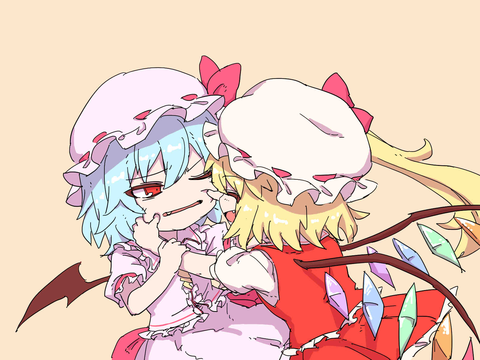 oninamako, flandre scarlet, remilia scarlet, touhou, commentary request, highres, 2girls, bat wings, blonde hair, blue hair, cheek pinching, crystal, crystal wings, fang, frilled shirt collar, frills, hat, mob cap, multicolored wings, multiple girls, one eye closed, one side up, open mouth, pinching, pink hat, puffy short sleeves, puffy sleeves, red eyes, red skirt, red vest, short sleeves, siblings, sisters, skirt, skirt set, vest, white hat, wings