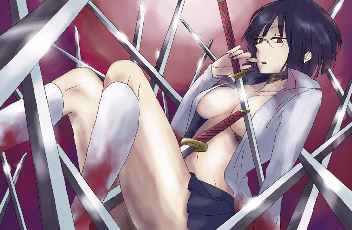 aza, sonohara anri, durarara!!, bad id, bad pixiv id, 1girl, black hair, blood, bob cut, breasts, female focus, glasses, large breasts, no bra, open clothes, open shirt, red eyes, shirt, short hair, solo, sword, weapon