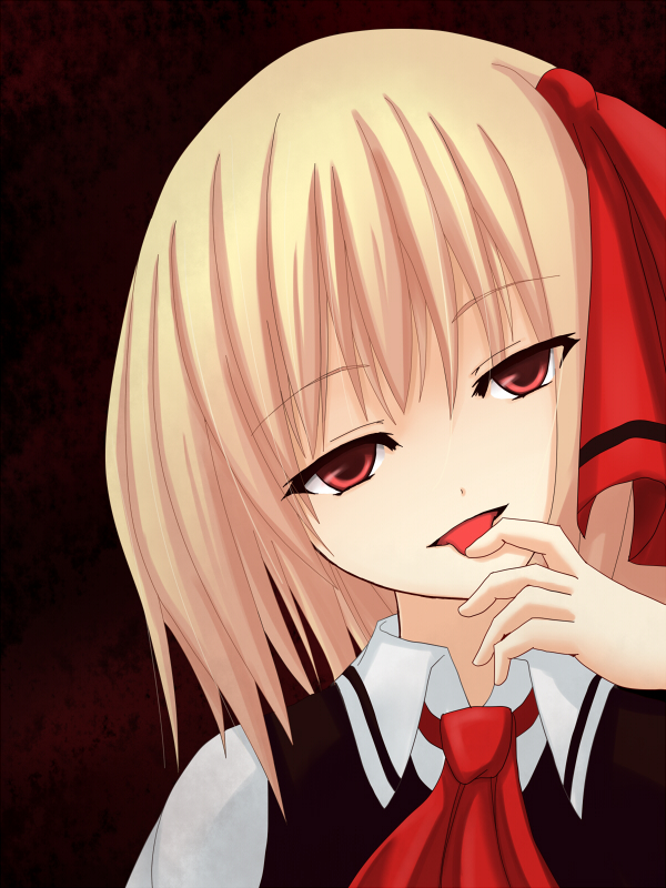 akitsuki karasu, rumia, embodiment of scarlet devil, touhou, 1girl, blonde hair, female focus, licking, licking finger, necktie, red eyes, solo
