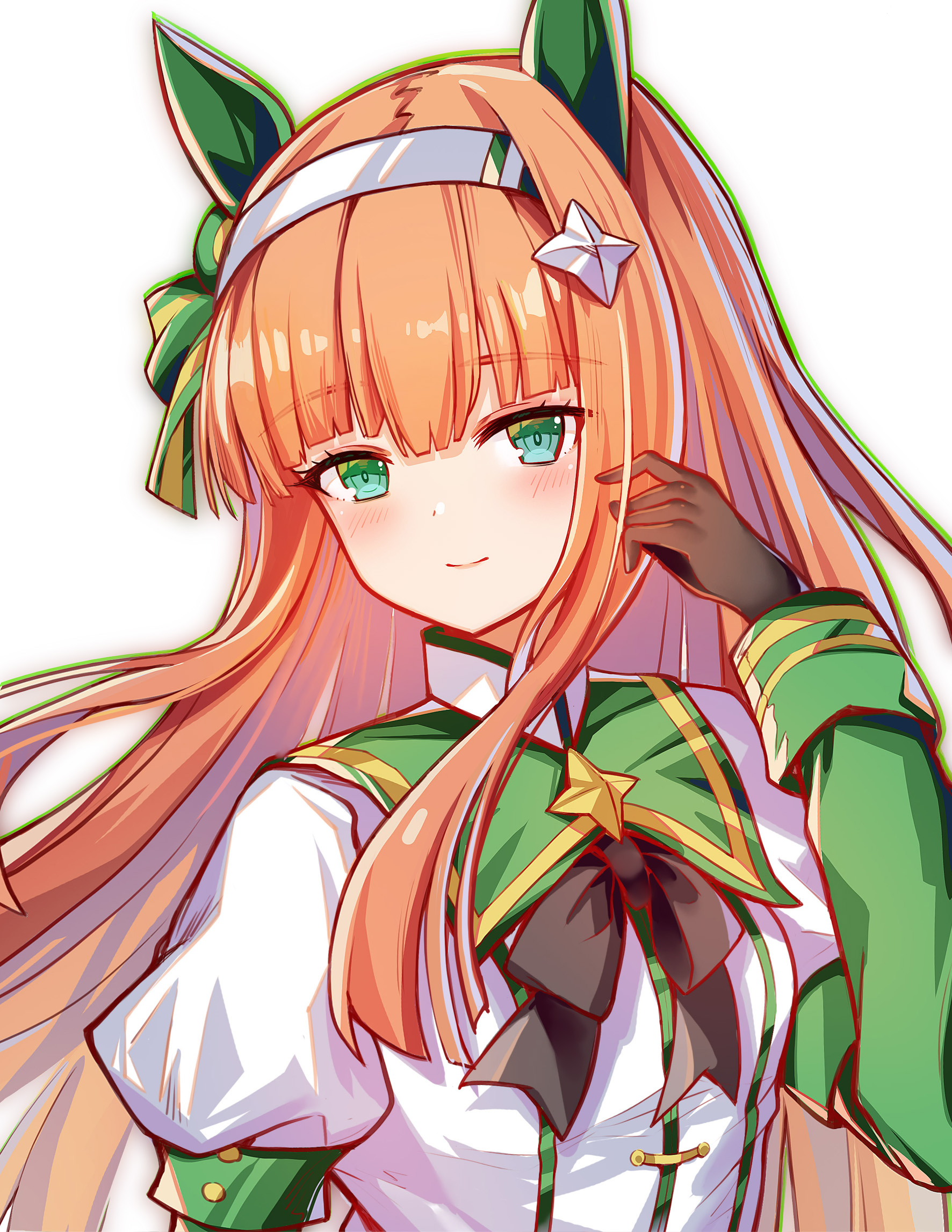 zbobo, silence suzuka (innocent silence) (umamusume), silence suzuka (umamusume), umamusume, commentary request, highres, revision, 1girl, animal ears, black bow, black bowtie, black gloves, blue eyes, blunt bangs, bow, bowtie, closed mouth, ear covers, gloves, hair ornament, hairband, hand up, horse ears, horse girl, jacket, long hair, long sleeves, looking at viewer, orange hair, puffy sleeves, simple background, smile, solo, upper body, white background, white jacket