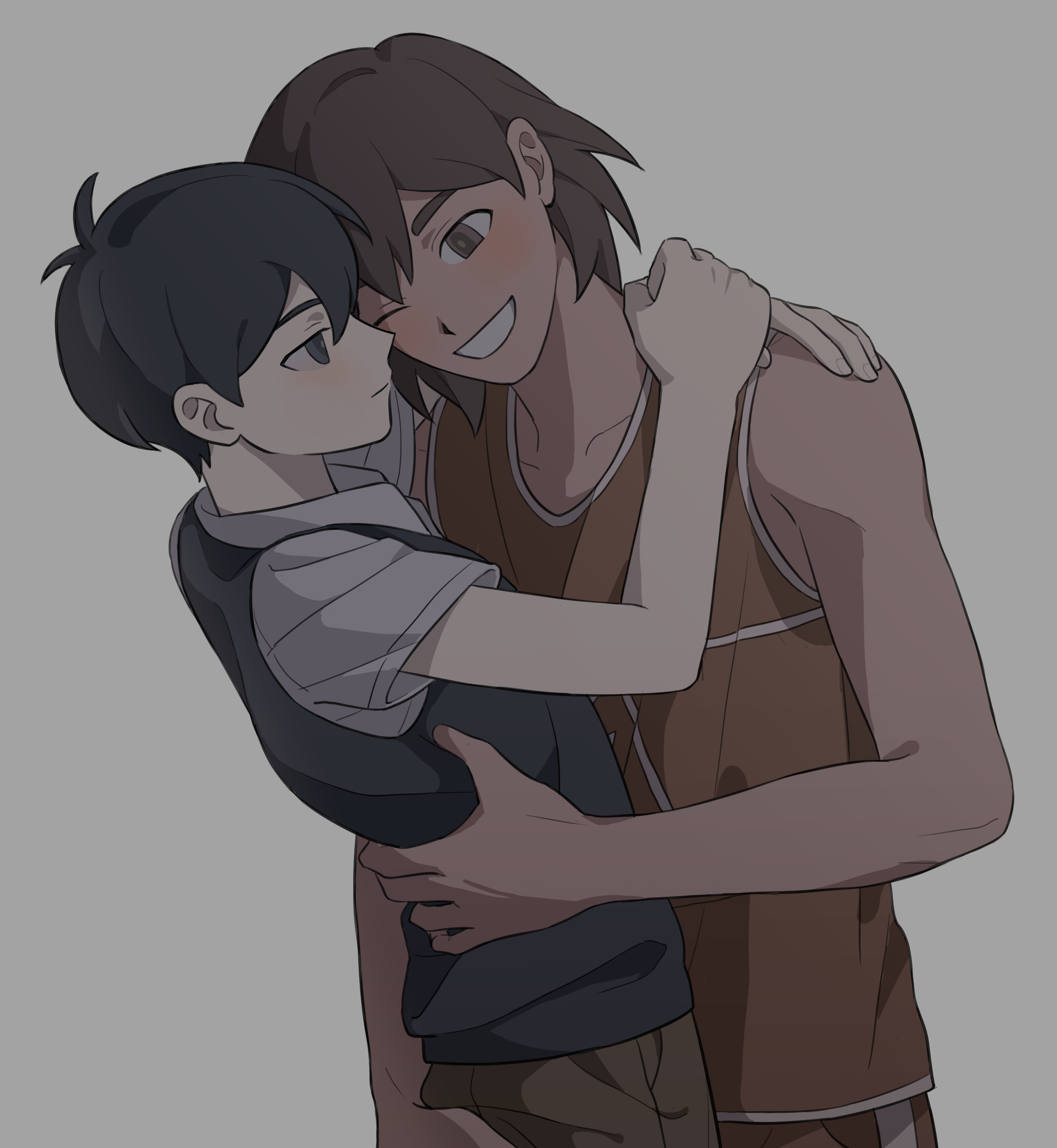 bskrf vc, kel (faraway) (omori), kel (omori), sunny (omori), omori, absurdres, chinese commentary, commentary request, highres, 2boys, ;d, antenna hair, arms around neck, bare arms, bare shoulders, black eyes, black hair, black sweater vest, bright pupils, brown eyes, brown hair, brown pants, brown tank top, cheek-to-cheek, closed mouth, collarbone, collared shirt, cowboy shot, dark-skinned male, dark skin, double-parted bangs, eye contact, fingernails, grey background, grey pupils, grin, hair behind ear, hair between eyes, hand on another's waist, hands up, heads together, hug, interracial, jitome, light blush, looking at another, male focus, multiple boys, one eye closed, open mouth, pants, profile, shirt, short hair, short sleeves, sideways mouth, simple background, single vertical stripe, smile, standing, sweater vest, tank top, toned, toned male, very short hair, white shirt, white trim, yaoi