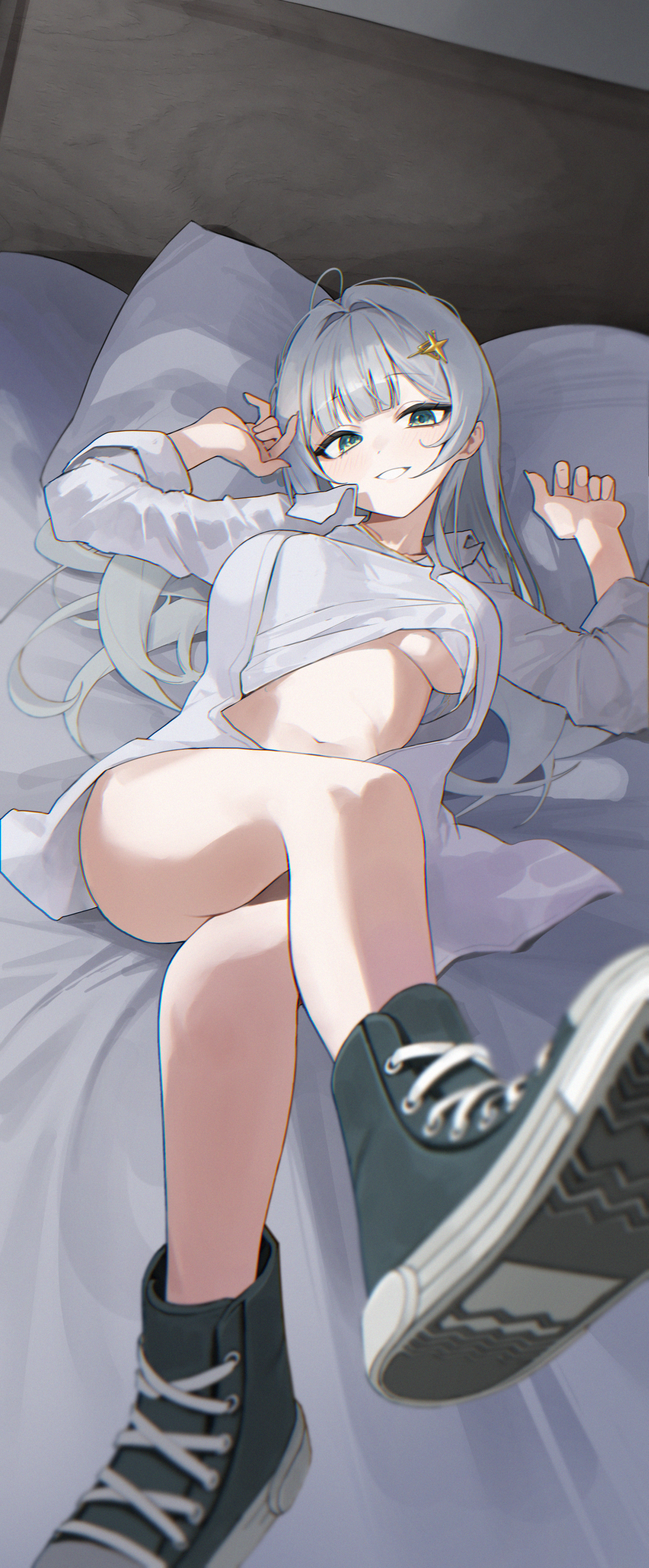 kumari2311, hyua, indie virtual youtuber, absurdres, commentary, commission, highres, 1girl, bed sheet, black shoes, blurry, blush, breasts, center opening, clothes lift, collared shirt, crossed legs, depth of field, dot nose, grey hair, grin, hair intakes, hair ornament, head on pillow, indoors, large breasts, legs, long hair, looking at viewer, navel, no pants, on bed, pillow, shirt, shirt lift, shoes, smile, solo, star (symbol), star hair ornament, thighs, three-quarter sleeves, underboob, white shirt