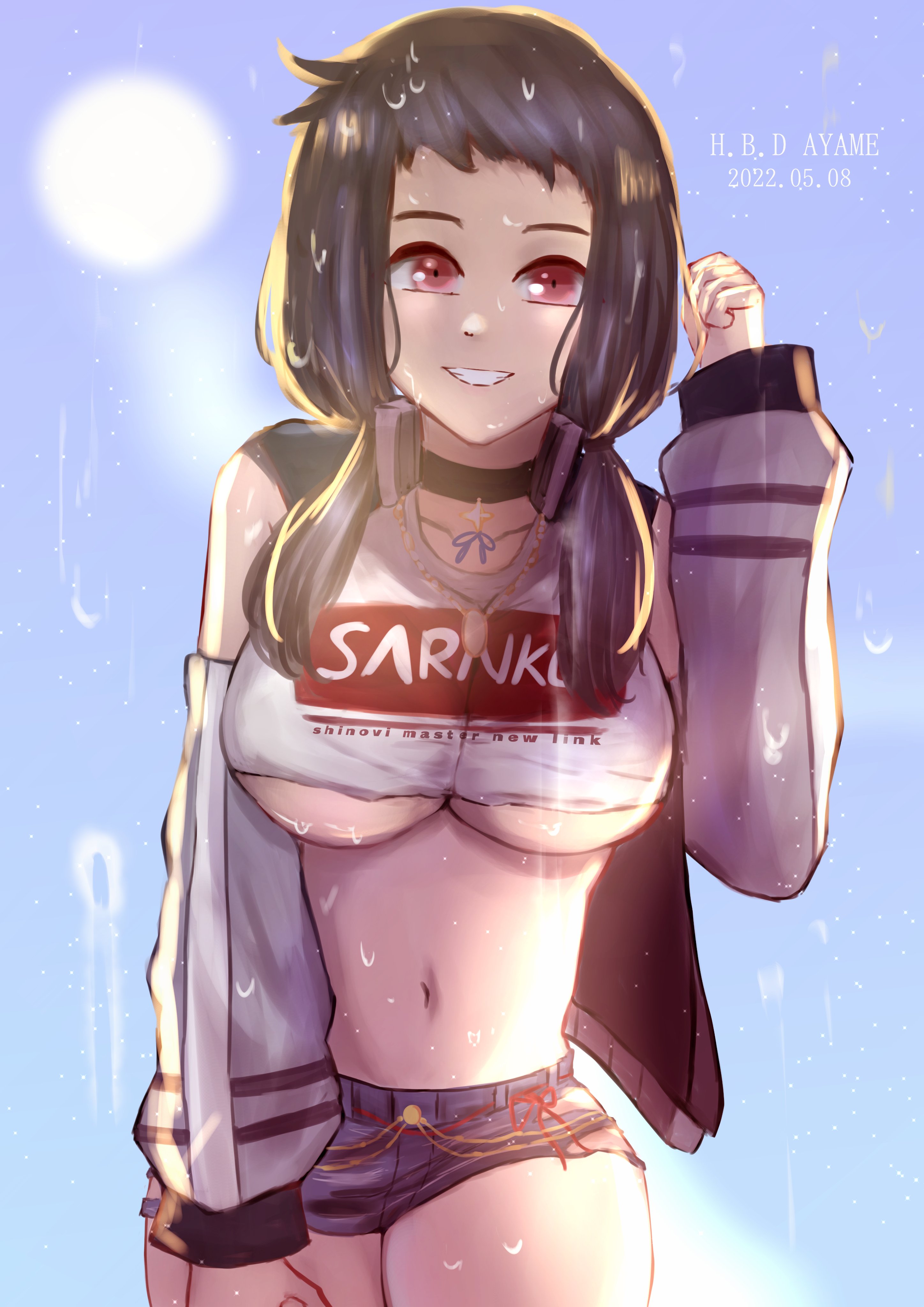 over flow99, ayame (senran kagura), senran kagura, senran kagura new link, senran kagura new wave, absurdres, highres, 1girl, black choker, black hair, breasts, casual, choker, crop top, denim, denim shorts, detached sleeves, grey jacket, grin, jacket, large breasts, long hair, looking at viewer, midriff, navel, official alternate costume, open clothes, open jacket, print shirt, red eyes, shirt, shorts, smile, solo, stomach, sun, sweat, teeth, thighs, torn clothes, underboob, white shirt