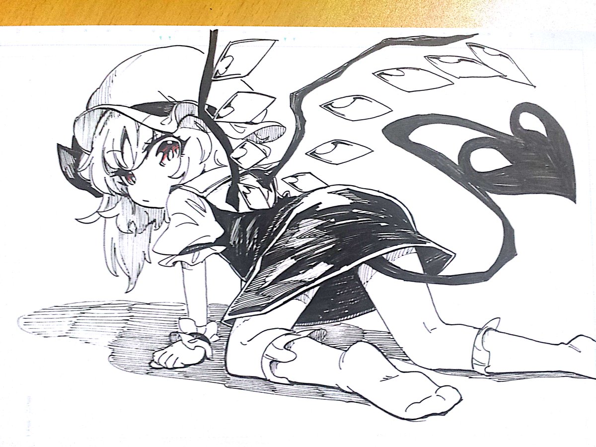 oninamako, flandre scarlet, touhou, commentary request, 1girl, closed mouth, crystal, crystal wings, demon tail, greyscale, hat, laevatein (touhou), looking at viewer, mob cap, monochrome, red eyes, socks, solo, spot color, tail, wings, wrist cuffs