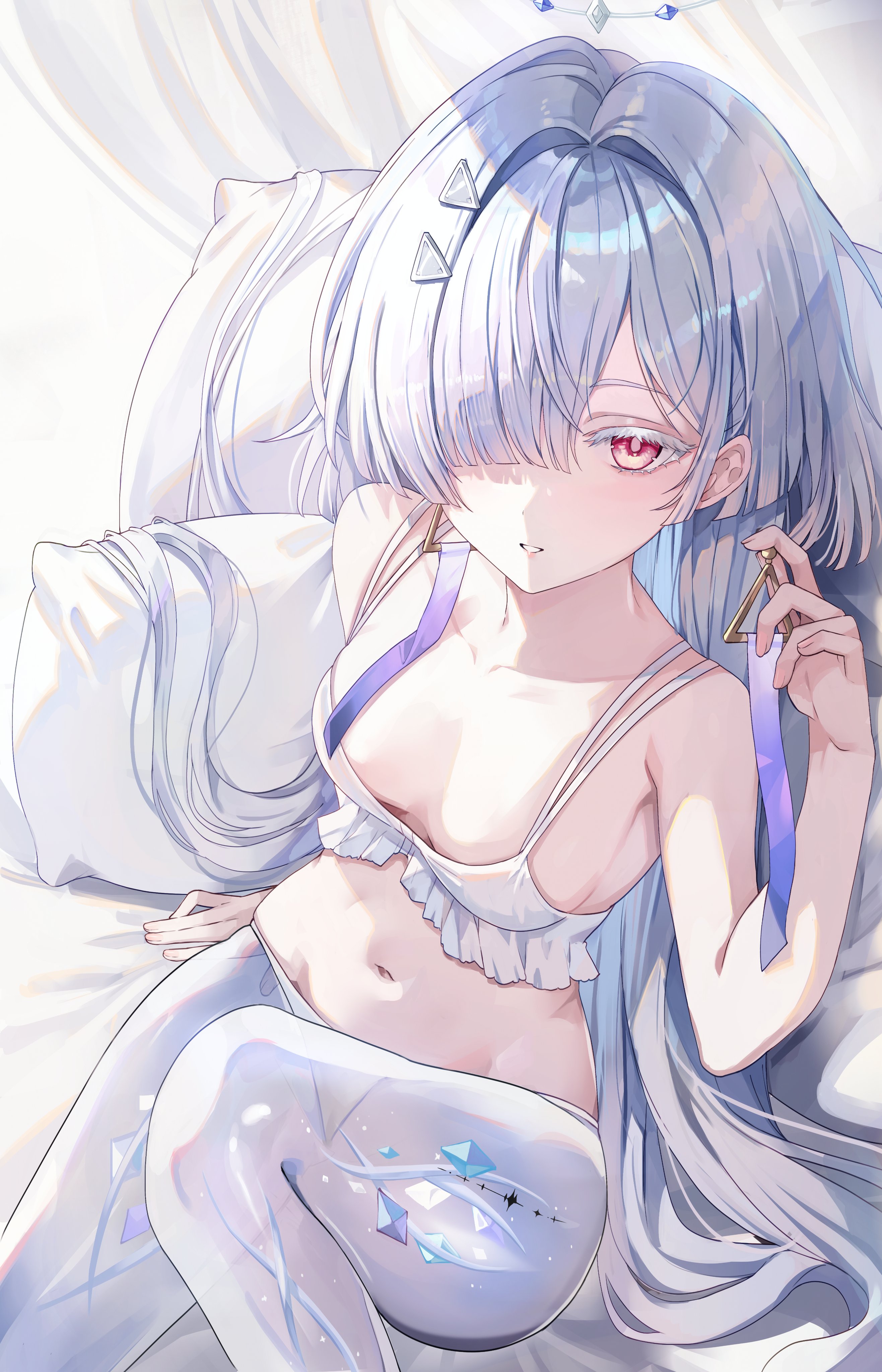 misyune, mornye (wuthering waves), wuthering waves, absurdres, commentary, highres, symbol-only commentary, 1girl, bare shoulders, breasts, collarbone, colored eyelashes, earrings, grey hair, hair intakes, hair ornament, hair over one eye, jewelry, knee up, long hair, looking at viewer, navel, parted lips, red eyes, see-through body, sitting, small breasts, solo, stomach, tacet mark (wuthering waves), triangle earrings, underwear, underwear only