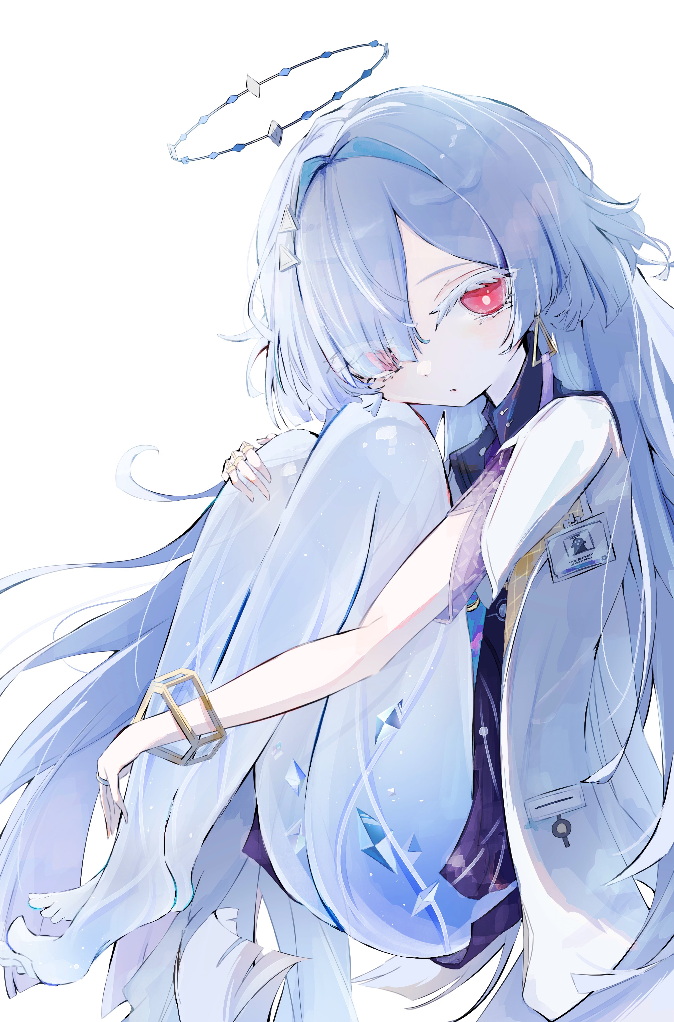 obyake, mornye (wuthering waves), wuthering waves, absurdres, commentary, highres, 1girl, barefoot, closed mouth, colored eyelashes, earrings, from side, hair intakes, hair ornament, halo, id card, jacket, jewelry, knees up, looking at viewer, looking to the side, red eyes, see-through body, simple background, solo, triangle earrings, white background, white jacket
