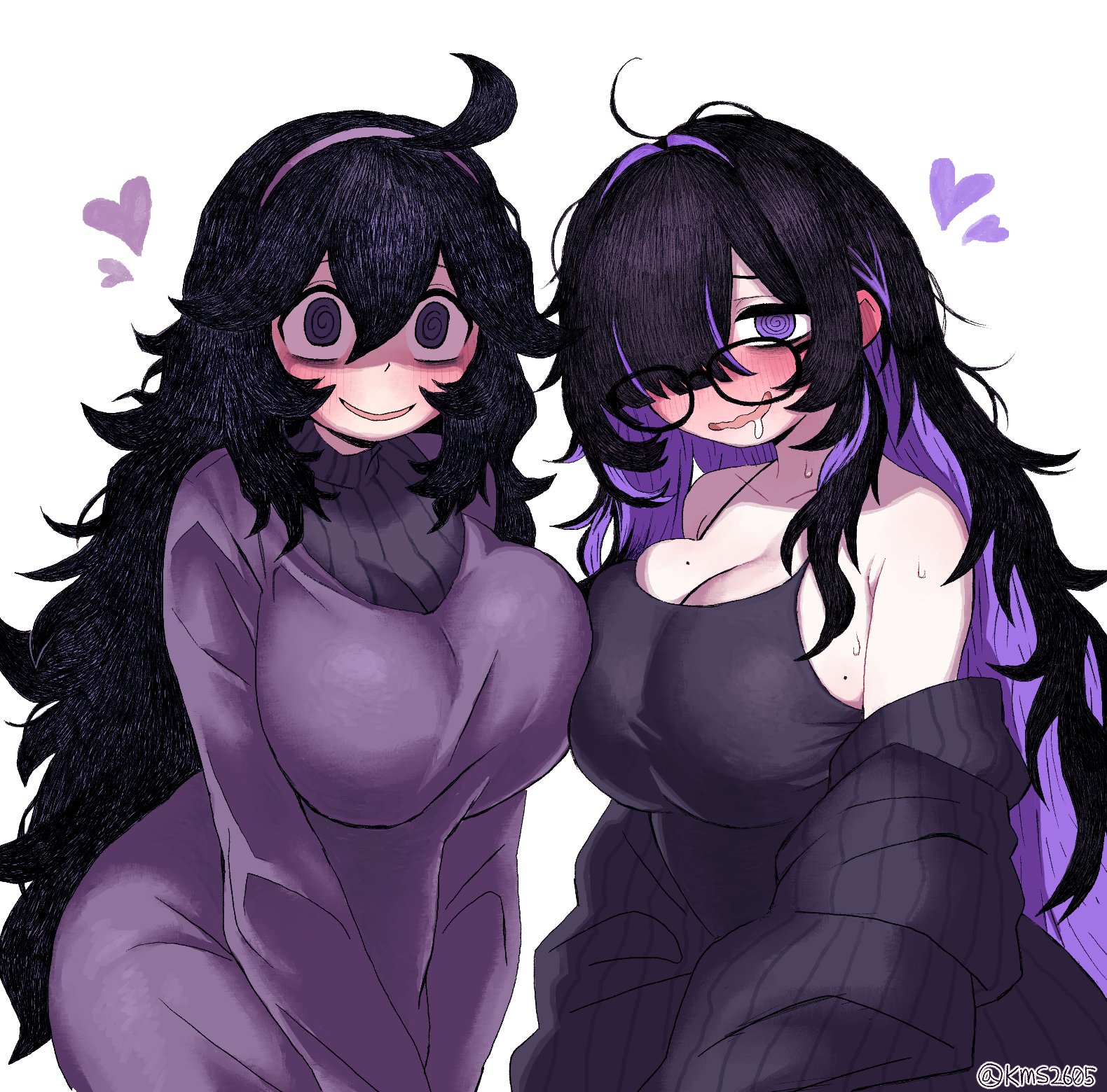 kms2605, hex maniac (pokemon), hex maniac (pokemon xy), label (nikke), goddess of victory: nikke, nintendo, pokemon, pokemon xy, commentary, english commentary, highres, mixed-language commentary, 2girls, @ @, ahoge, alternate breast size (larger), artist name, bags under eyes, bare shoulders, black cardigan, black dress, blush, breast press, breasts, cardigan, cleavage, colored inner hair, crossover, double-parted bangs, dress, drooling, ear blush, furrowed brow, hair between eyes, hair intakes, hair over one eye, hair over shoulder, hairband, heart, huge breasts, long hair, look-alike, looking at viewer, low neckline, messy hair, mojyo, mole, mole on breast, multicolored hair, multiple girls, multiple moles, off shoulder, open mouth, pale skin, parted bangs, partially shaded face, purple dress, purple hairband, side-by-side, simple background, sleeveless, sleeveless dress, smile, sweat, sweater, trait connection, turtleneck, turtleneck sweater, twitter username, very long hair, wavy mouth, white background