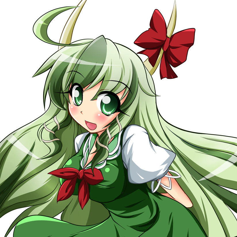 geo (yukishitadou), ex-keine, kamishirasawa keine, touhou, 1girl, ahoge, arms behind back, bow, breasts, female focus, green eyes, green hair, horns, large breasts, long hair, matching hair/eyes, solo, white background