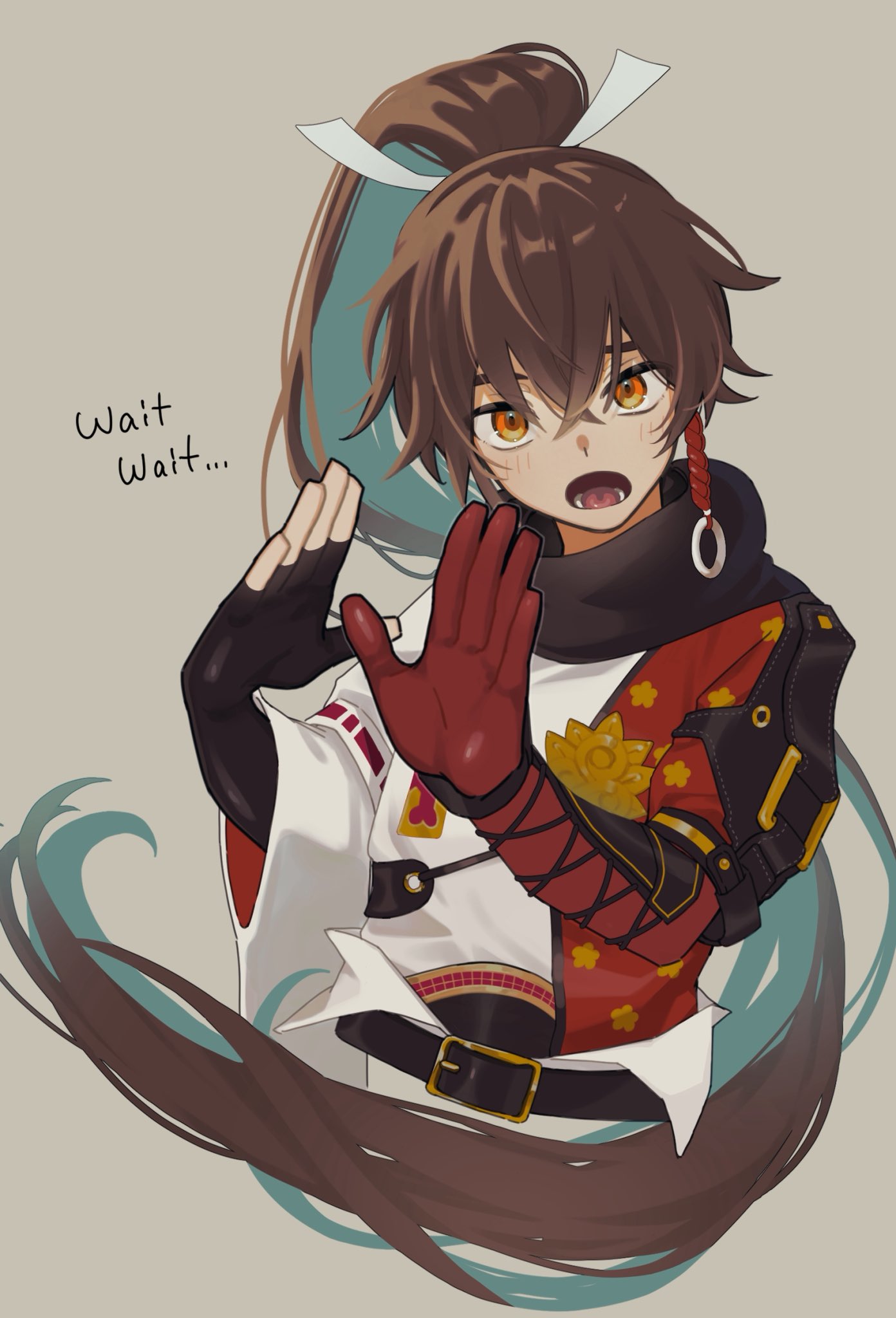 subaru (rune factory), rune factory, rune factory: guardians of azuma, commentary request, highres, 1boy, asymmetrical gloves, blue hair, blush, brown hair, cropped legs, english text, gloves, grey background, hair between eyes, hair ribbon, japanese clothes, long hair, looking at viewer, male focus, mismatched gloves, multicolored hair, open mouth, ponytail, qsxj506, ribbon, simple background, solo, very long hair, white ribbon, wide sleeves