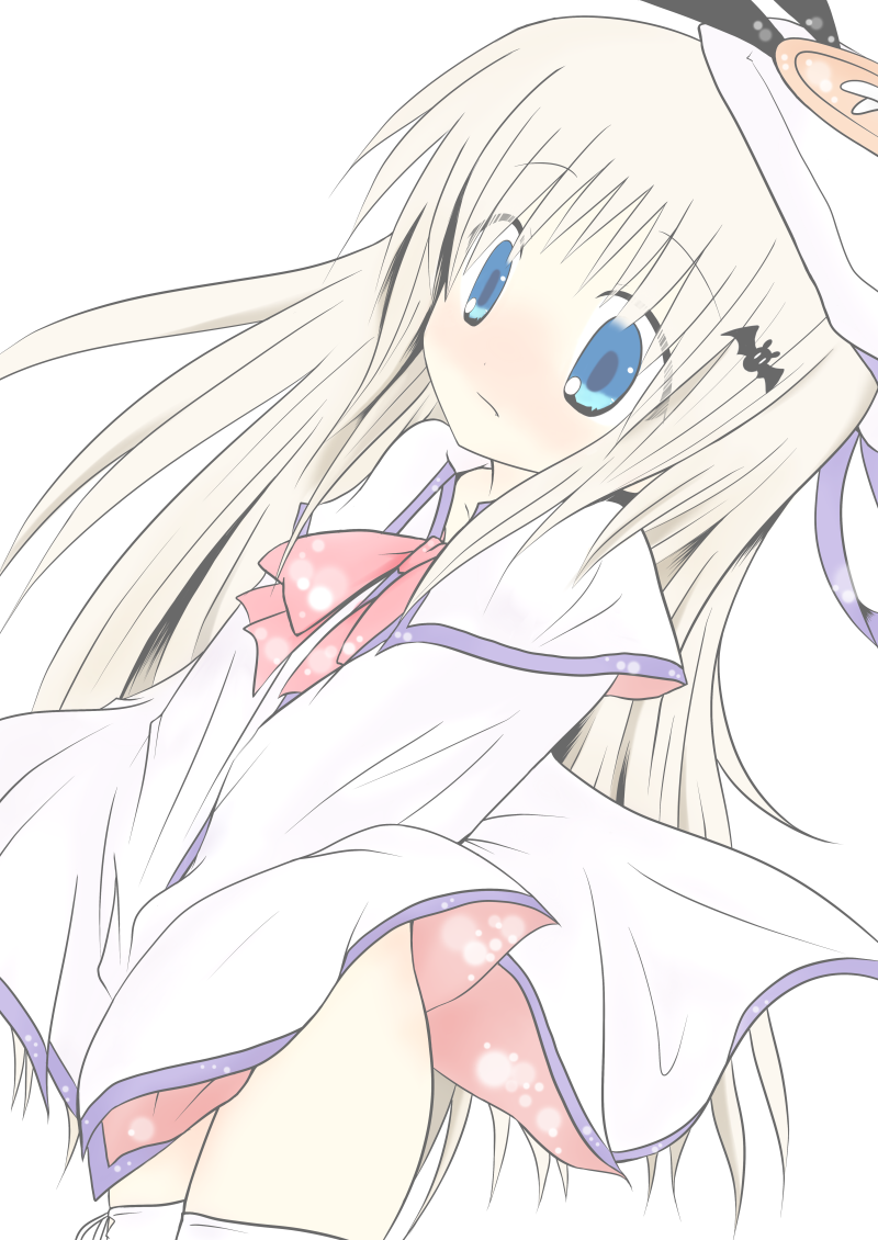 yuuki (momoyuki), noumi kudryavka, little busters!, blonde hair, blue eyes, bottomless, flat chest, hat, loli, long hair, solo, thighhighs, upskirt