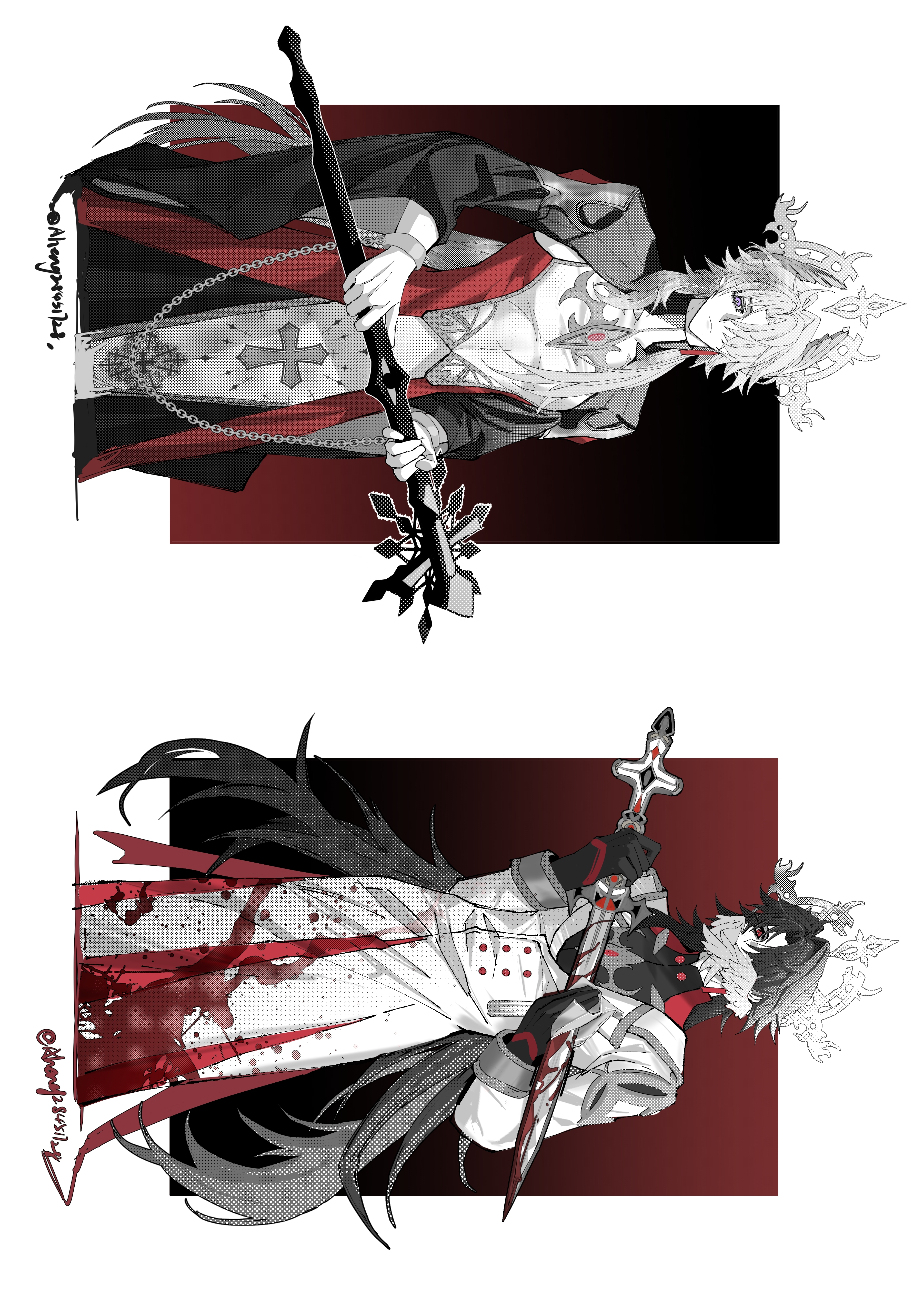 aheng, blade (honkai: star rail), yingxing (honkai: star rail), honkai: star rail, honkai (series), absurdres, highres, mixed-language commentary, 2boys, adapted costume, ahoge, alternate costume, black hair, blood, blood on clothes, chain, covered mouth, cross, earrings, exif rotation, gloves, gradient background, hair over one eye, halo, halo behind head, head wings, jewelry, long hair, long sleeves, multiple boys, partially colored, sword, turtleneck, very long hair, weapon, white hair, wings, wiping