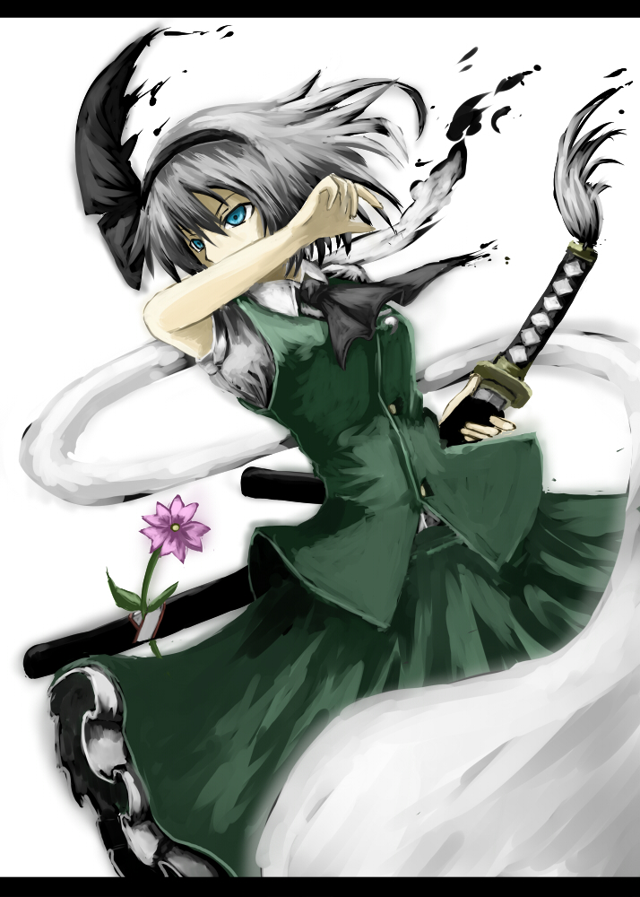 utarion, uutan (shibainu kakumei), konpaku youmu, konpaku youmu (ghost), touhou, silver hair, 1girl, blue eyes, female focus, flower, hair ribbon, katana, letterboxed, ribbon, sheath, short hair, solo, sword, unsheathing, weapon