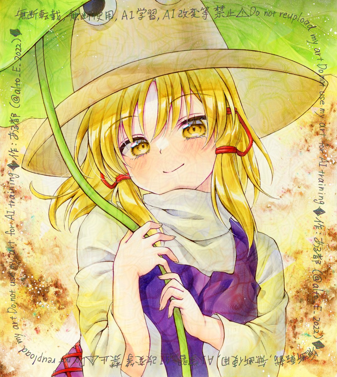 alto2019, moriya suwako, touhou, commentary request, highres, traditional media, 1girl, blonde hair, blush, brown hat, closed mouth, hair ribbon, hat, leaf umbrella, long hair, long sleeves, looking at viewer, purple vest, ribbon, smile, solo, tress ribbon, vest, watermark, wide sleeves, yellow eyes