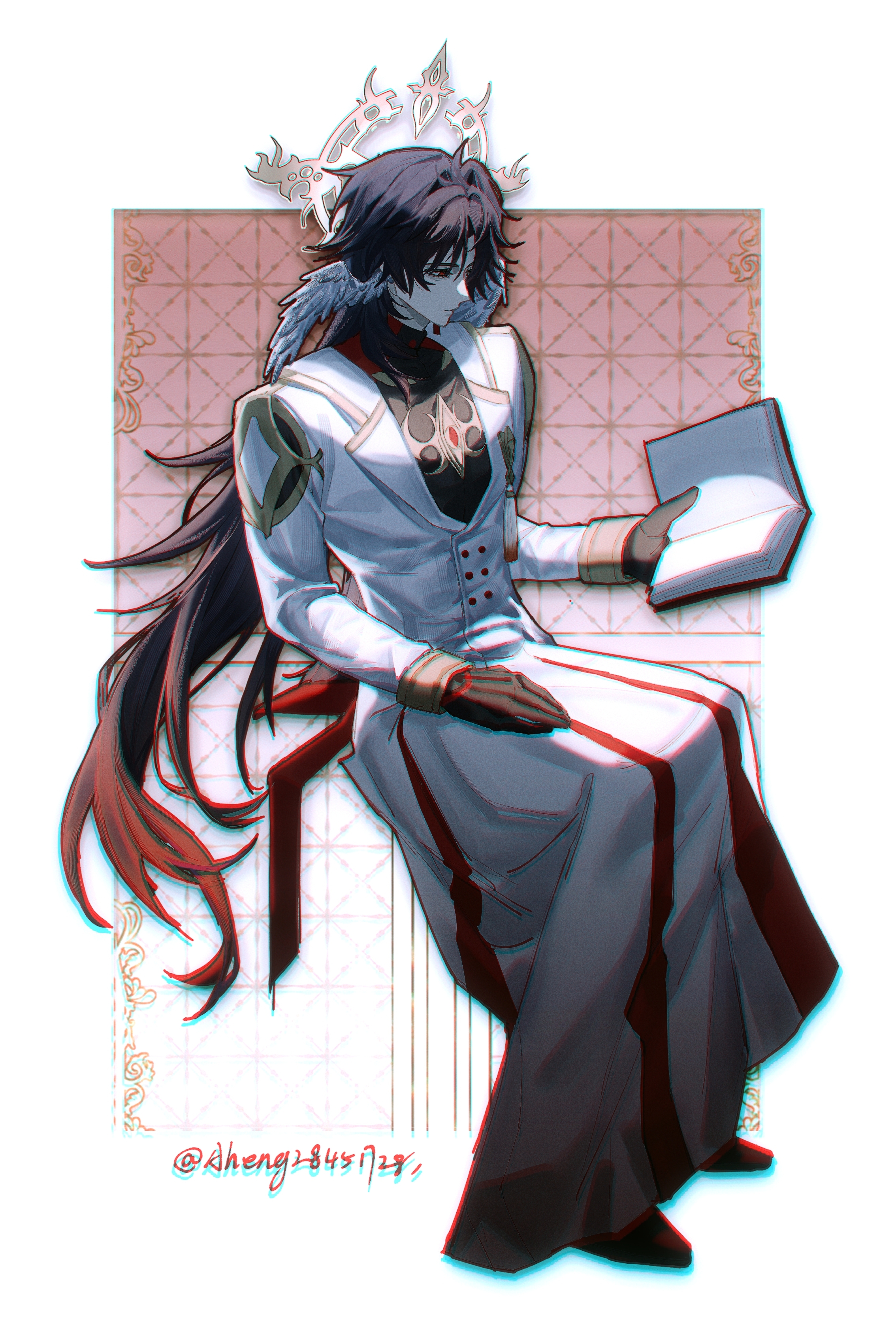 aheng, blade (honkai: star rail), honkai: star rail, honkai (series), absurdres, highres, mixed-language commentary, 1boy, ahoge, alternate costume, blue eyes, book, clerical collar, gloves, gradient hair, halo, halo behind head, head wings, holding, holding book, long hair, multicolored hair, open clothes, reading, red eyes, robe, shoes, sitting, tassel, turtleneck, very long hair, wings