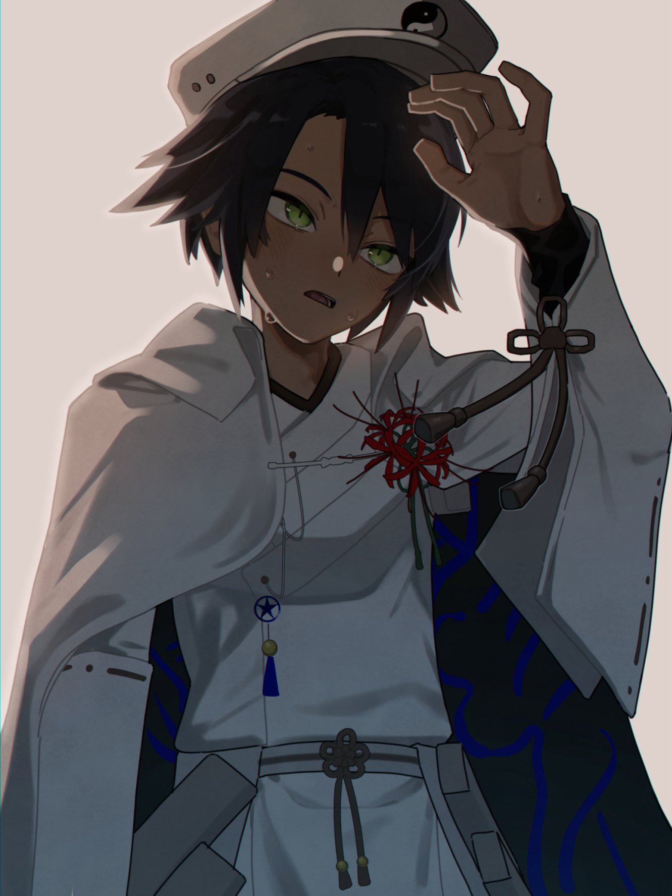 rune factory, rune factory: guardians of azuma, commentary request, highres, 1boy, black hair, blush, dark-skinned male, dark skin, flower, green eyes, grey background, hair between eyes, hat, ikaruga (rune factory), japanese clothes, long sleeves, male focus, qsxj506, red flower, simple background, solo, spider lily, tassel, white hat, wide sleeves, yin yang