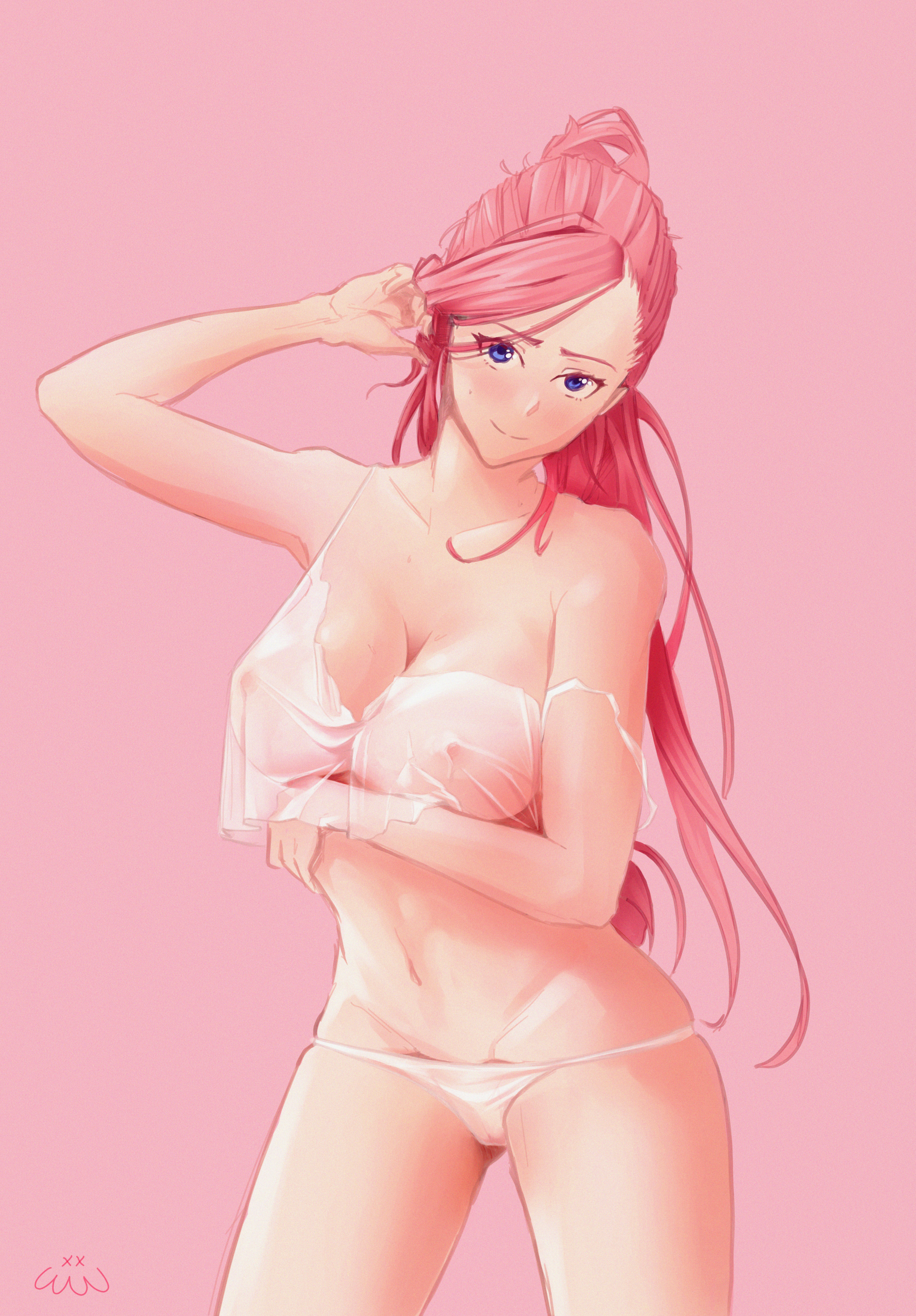 eclair seaetto, tate no yuusha no nariagari, absurdres, commentary, highres, 1girl, arm under breasts, arm up, artist logo, blue eyes, blush, bra, breasts, cleavage, closed mouth, collarbone, colored eyebrows, colored eyelashes, covered erect nipples, cowboy shot, emmiaw, groin, large breasts, logo, long hair, looking at viewer, navel, nipples, panties, pink background, pink hair, ponytail, see-through bra, see-through clothes, simple background, skindentation, solo, standing, stomach, swept bangs, underwear, underwear only, white bra, white panties