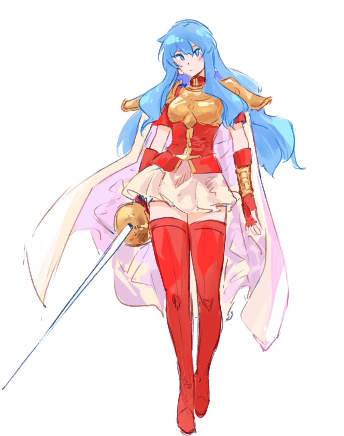 herdwicoco, eirika (fire emblem), fire emblem, fire emblem: the sacred stones, nintendo, highres, 1girl, armor, blue eyes, blue hair, boots, bracelet, breastplate, breasts, cape, closed mouth, fingerless gloves, full body, gloves, holding, holding sword, holding weapon, jewelry, long hair, looking at viewer, medium breasts, pauldrons, rapier, red boots, red gloves, red shirt, shirt, short sleeves, shoulder armor, skirt, solo, sword, thigh boots, thighs, very long hair, weapon, white background, white cape, white skirt