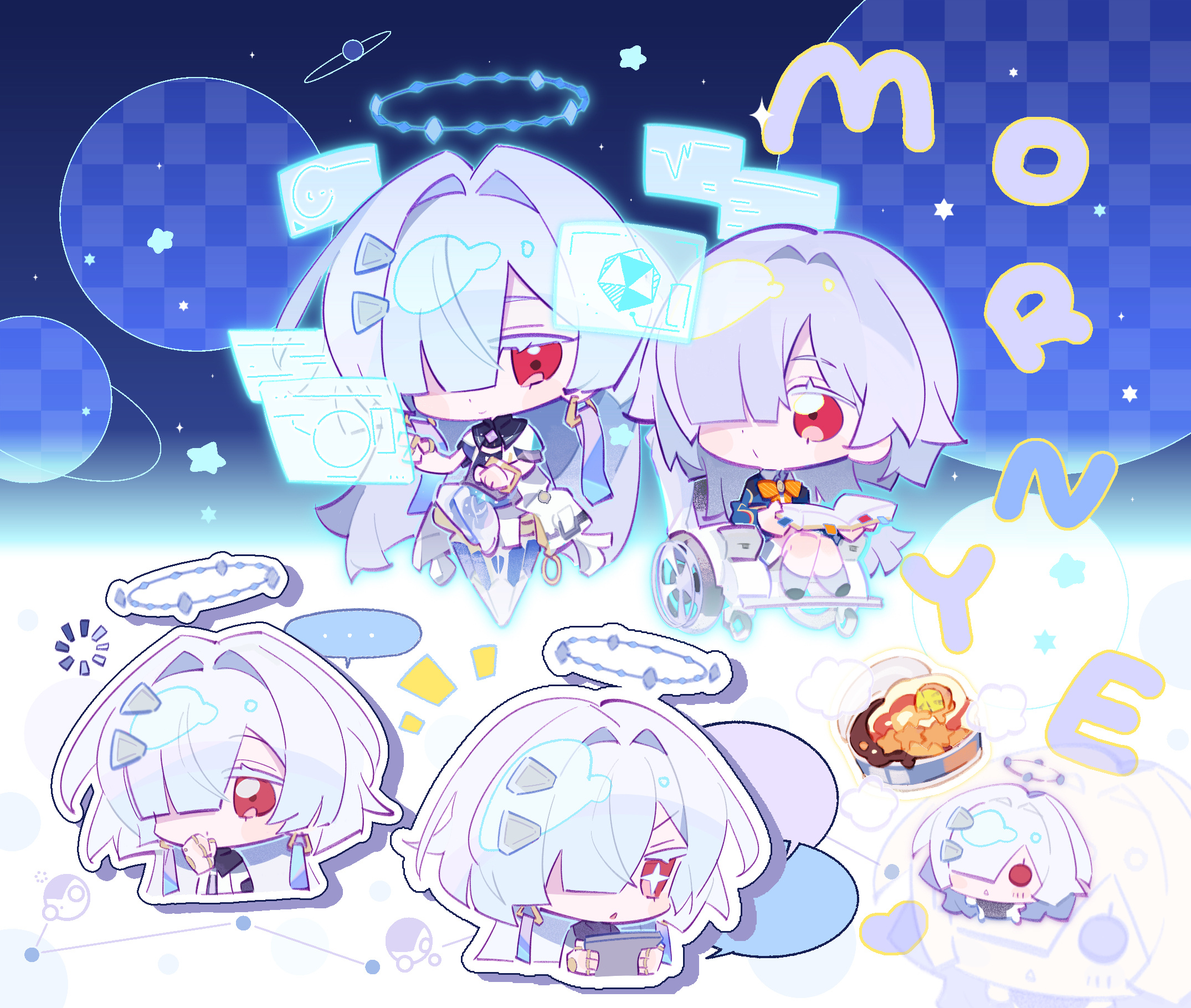 zoookiiiii, mornye (wuthering waves), wuthering waves, chinese commentary, commentary request, highres, + +, …, 1girl, book, character name, chibi, chibi only, colored eyelashes, earrings, food, grey hair, hair intakes, hair ornament, hair over one eye, halo, hand up, holding, holding book, holding tablet pc, jacket, jewelry, loading icon, long hair, looking at viewer, open book, red eyes, solo, spoken ellipsis, tablet pc, thinking, triangle earrings, wheelchair, white jacket