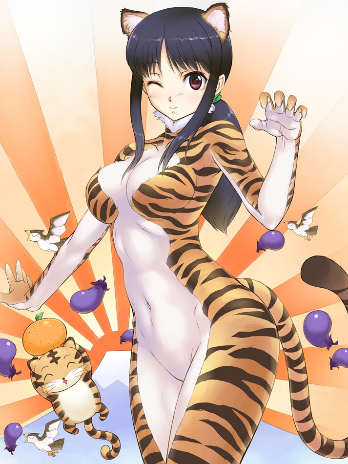 uchiu kazuma, copyright request, 1girl, animal costume, animal ears, animal print, bird, bodysuit, cat ears, eggplant, female focus, hatsuyume, hawk, long hair, mount fuji, navel, new year, one eye closed, ponytail, red eyes, rising sun flag, sidelocks, skin tight, solo, sunburst, tail, tiger costume, tiger ears, tiger print, tiger tail, wink