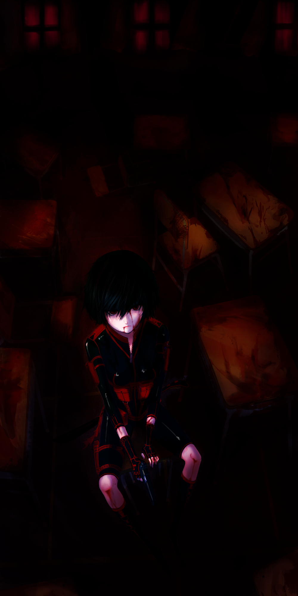 artist request, highres, 1girl, black hair, blood, classroom, dark, female focus, gun, looking up, red eyes, school, sitting, solo, weapon