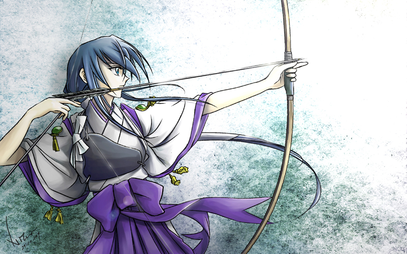 nitro07, himemiya chikane, kannazuki no miko, 00s, 1girl, archery, arrow (projectile), blue eyes, blue hair, bow (weapon), drawing bow, female focus, hakama, hakama skirt, holding, holding bow (weapon), holding weapon, japanese clothes, kyuudou, long hair, matching hair/eyes, miko, muneate, signature, skirt, solo, very long hair, weapon