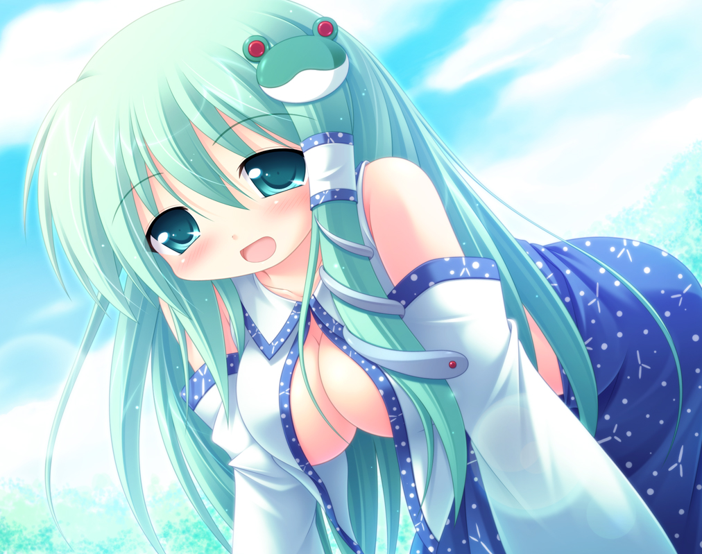 yokuran, kochiya sanae, touhou, bad id, bad pixiv id, 1girl, breasts, cleavage, detached sleeves, female focus, frog, green eyes, green hair, hair ornament, long hair, matching hair/eyes, open clothes, open shirt, outdoors, shirt, sky, snake, solo